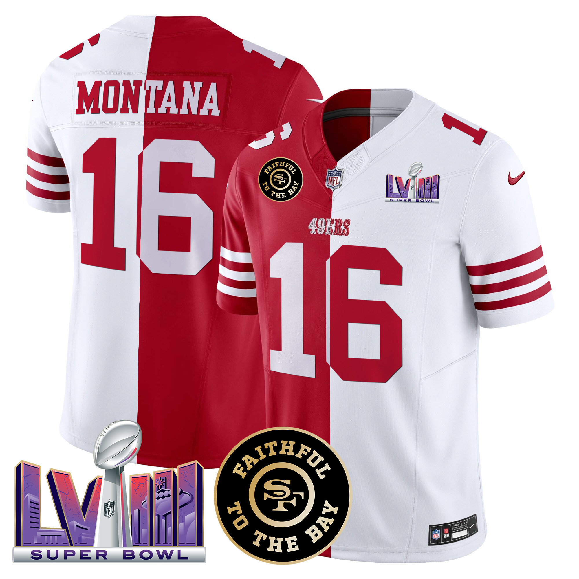Men's Joe Montana San Francisco 49ers Faithful & Super Bowl LVIII Patch Vapor Split Jersey V2 - All Stitched