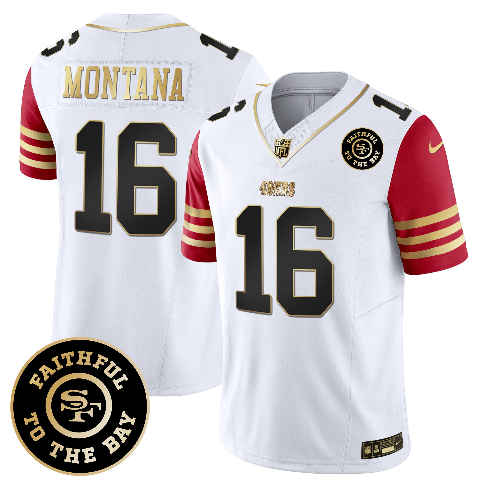 Men's Joe Montana San Francisco 49ers Faithful To The Bay Patch Scarlet Sleeves Vapor Limited Jersey - All Stitched