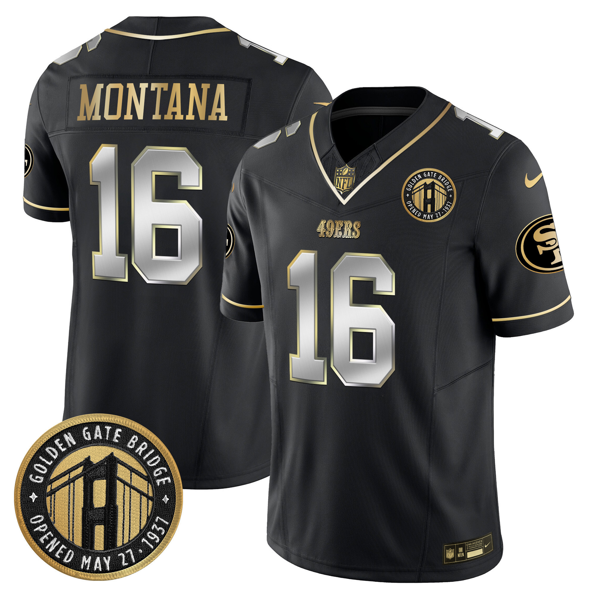 Men's Joe Montana San Francisco 49ers Golden Gate Bridge Patch Vapor Limited Black Limited Jersey - All Stitched