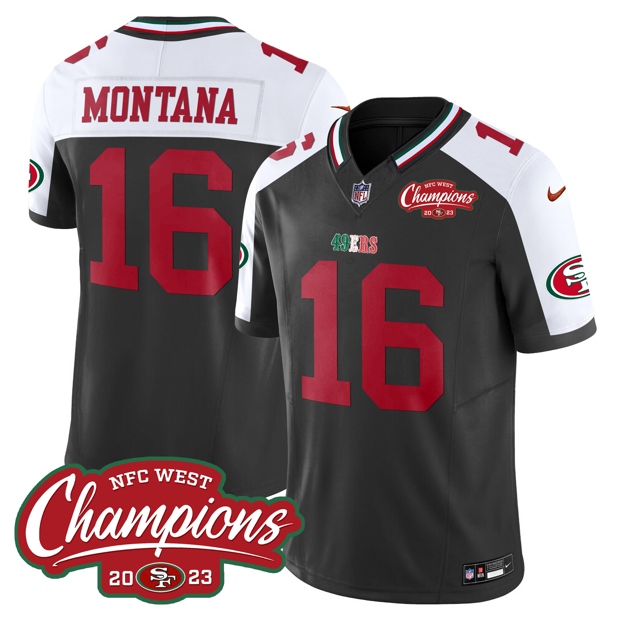 Men's Joe Montana San Francisco 49ers Mexico 2023 NFC West Champions Patch Vapor Black Alternate Jersey - All Stitched