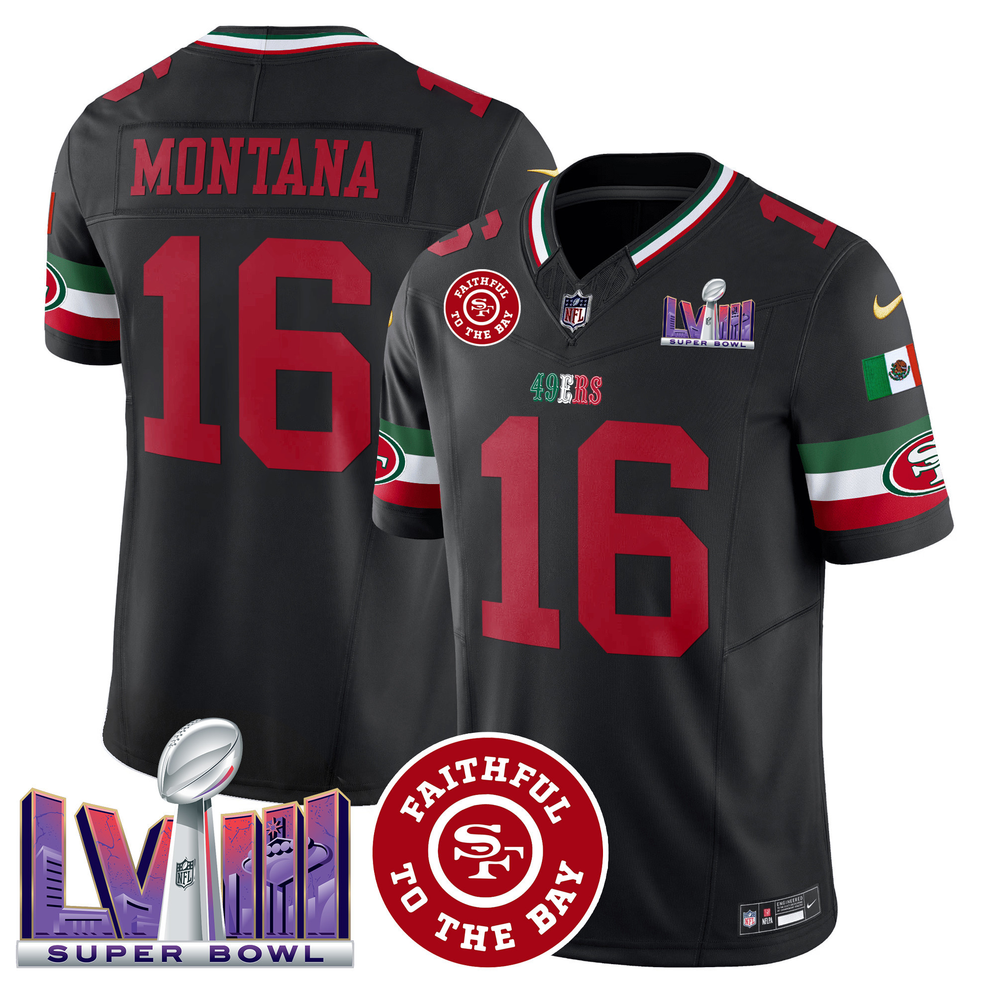 Men's Joe Montana San Francisco 49ers Mexico Faithful & Super Bowl LVIII Patch Vapor Black Jersey - All Stitched