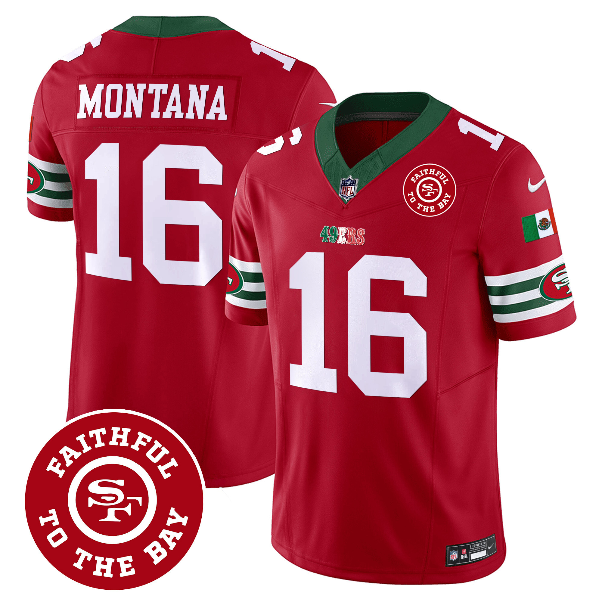 Men's Joe Montana San Francisco 49ers Mexico Faithful To The Bay Patch Vapor Red Jersey - All Stitched