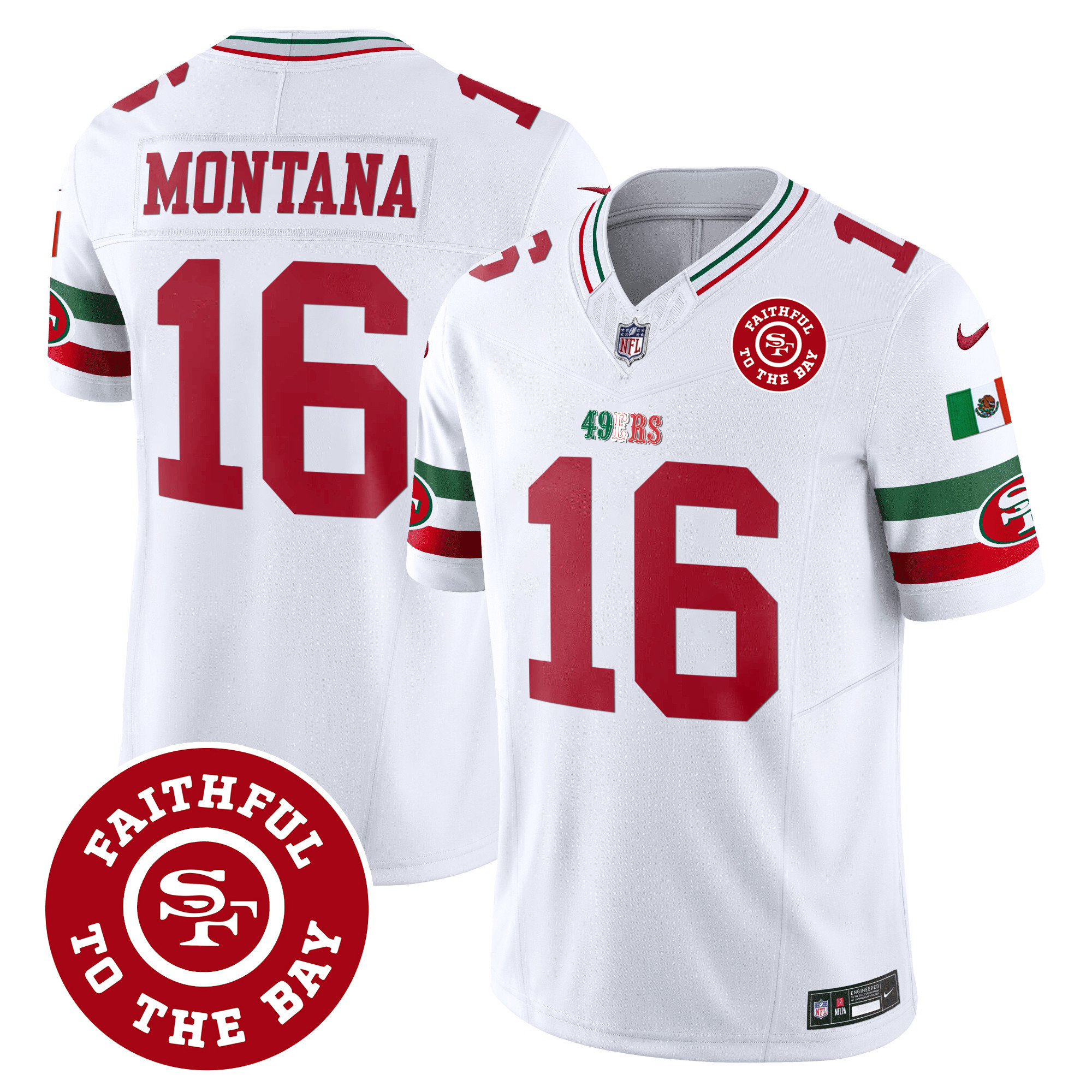 Men's Joe Montana San Francisco 49ers Mexico Faithful To The Bay Patch Vapor White Jersey - All Stitched