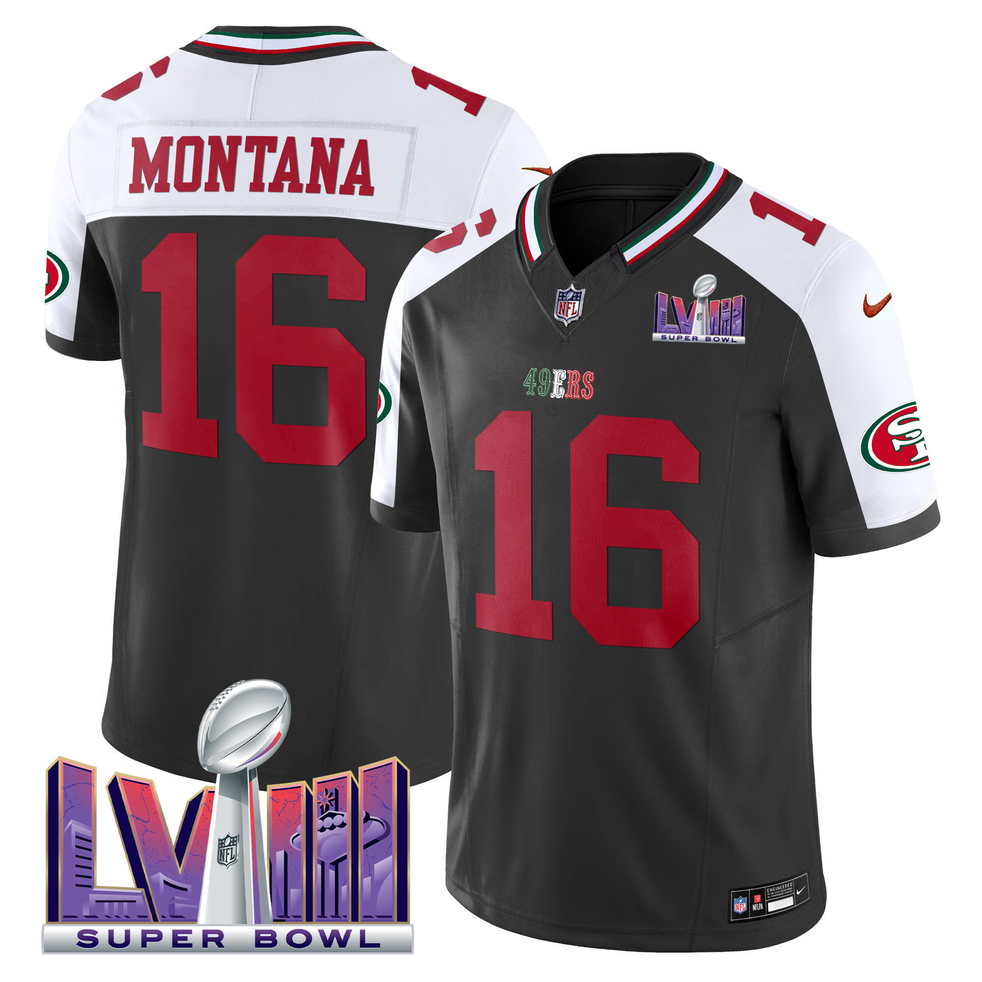Men's Joe Montana San Francisco 49ers Mexico Super Bowl LVIII Patch Vapor Black Alterante Jersey - All Stitched