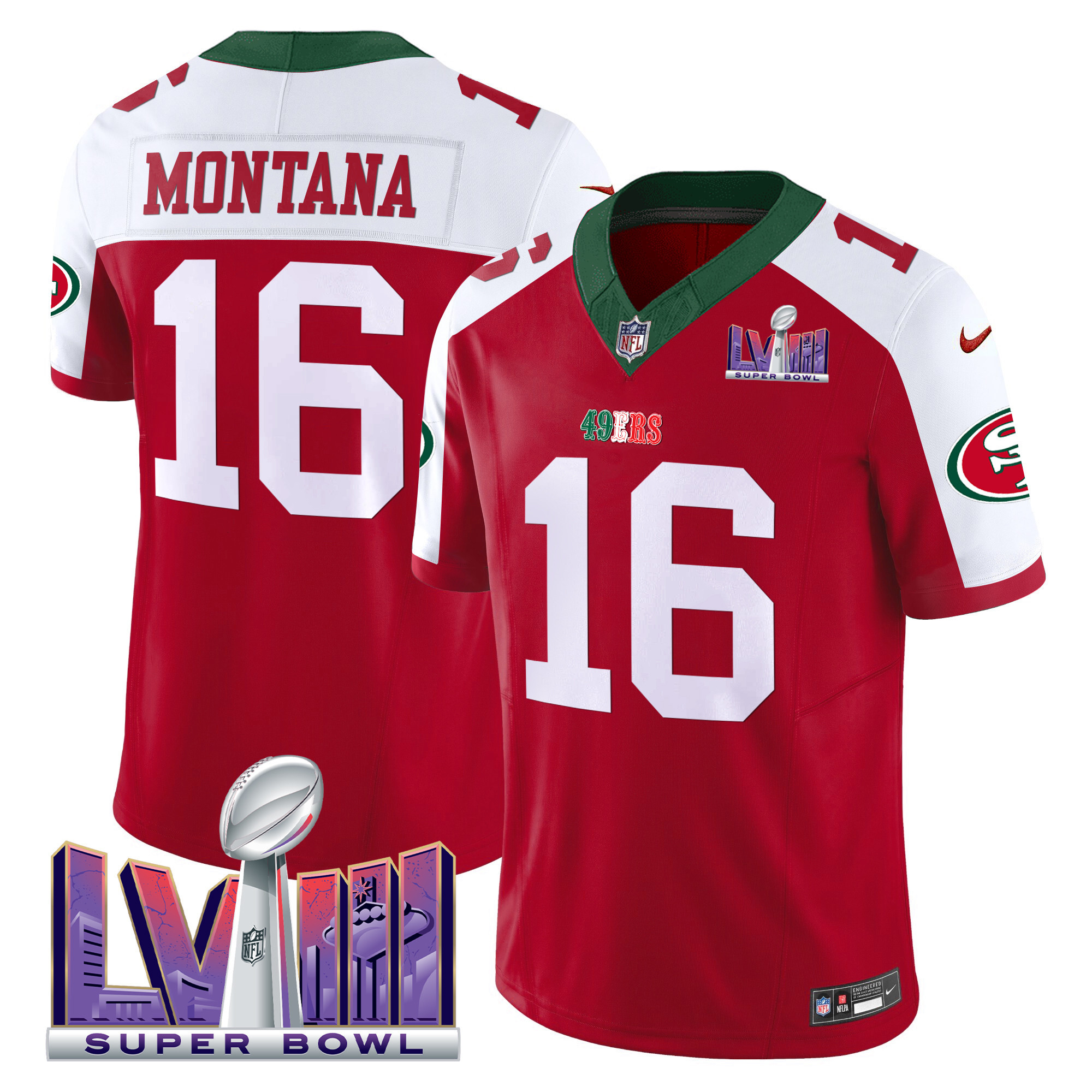 Men's Joe Montana San Francisco 49ers Mexico Super Bowl LVIII Patch Vapor Red Alternate Jersey - All Stitched