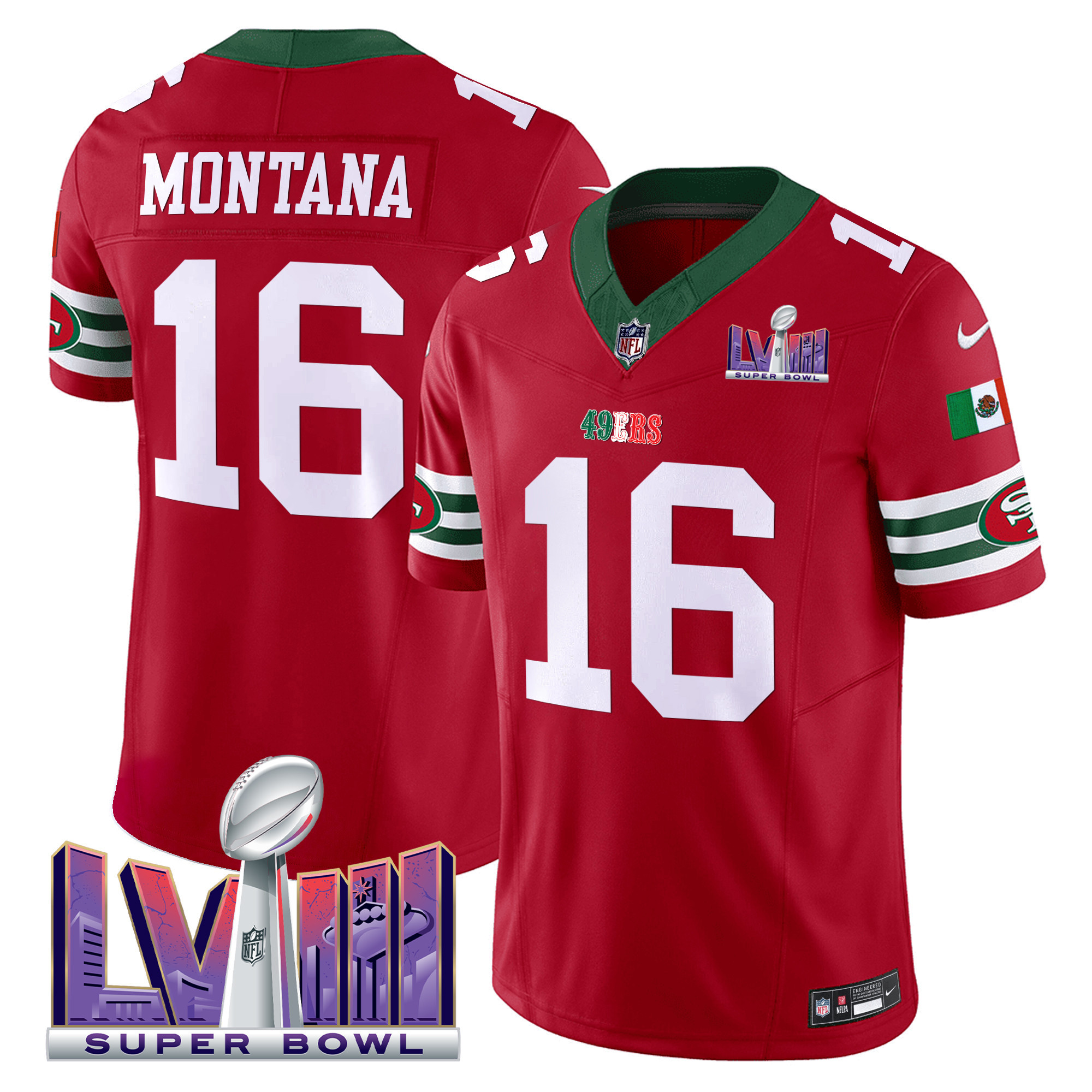Men's Joe Montana San Francisco 49ers Mexico Super Bowl LVIII Patch Vapor Red Jersey - All Stitched