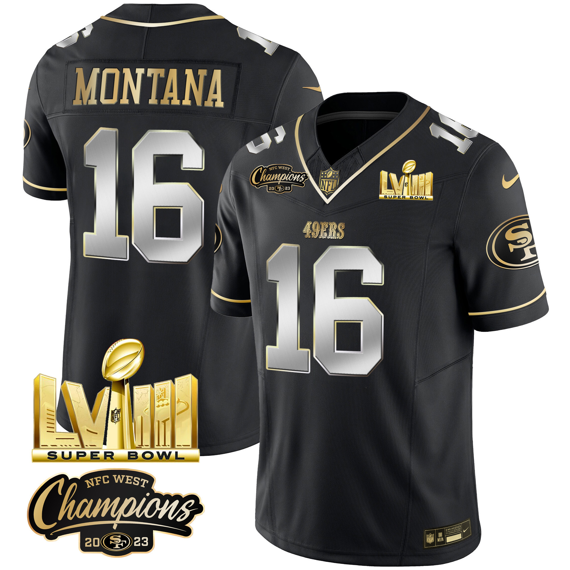 Men's Joe Montana San Francisco 49ers NFC West Champions & Super Bowl LVIII Gold Patch Vapor Black Limited Jersey V2 - All Stitched