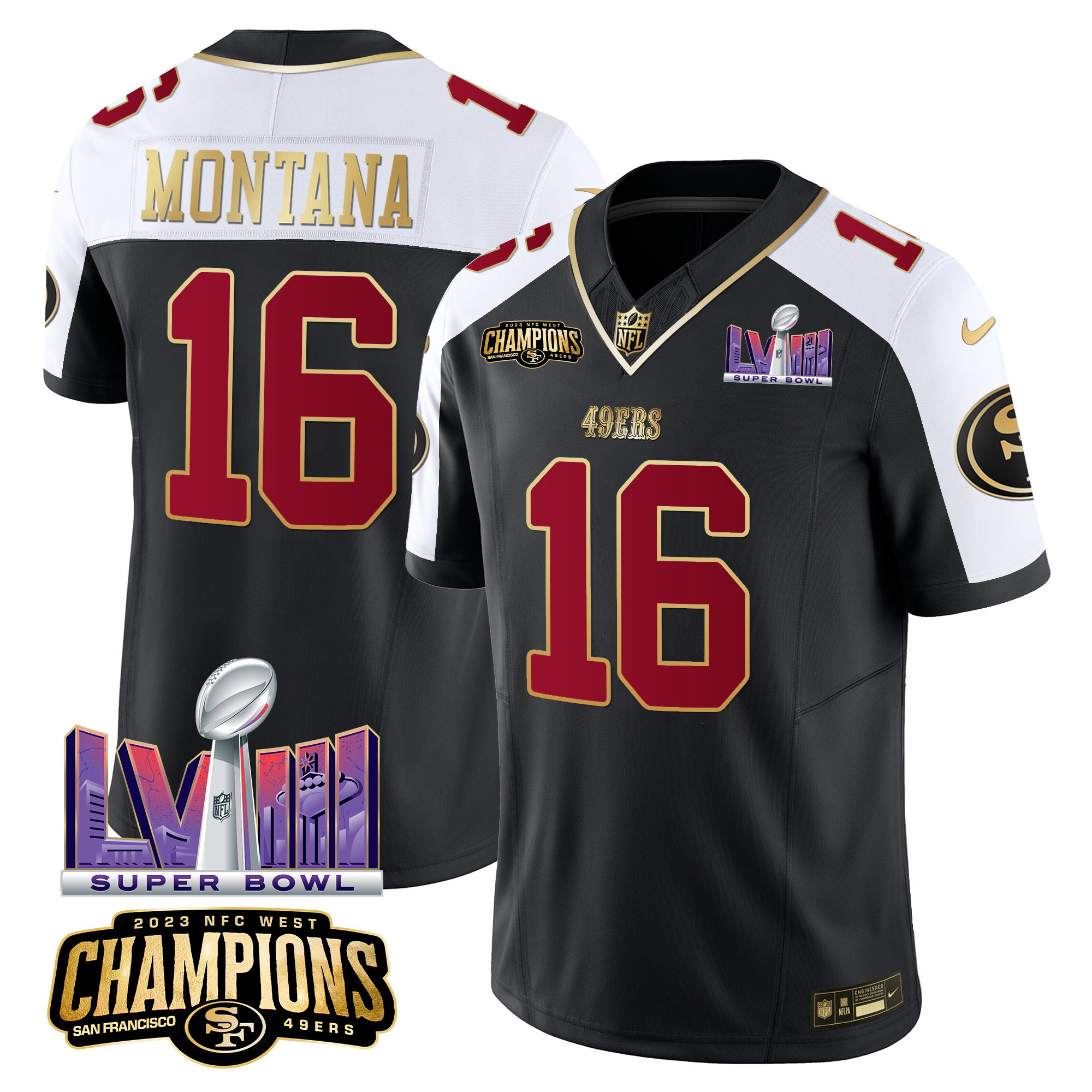 Men's Joe Montana San Francisco 49ers NFC West Champions & Super Bowl LVIII Patch Vapor Black Alternate Jersey - All Stitched