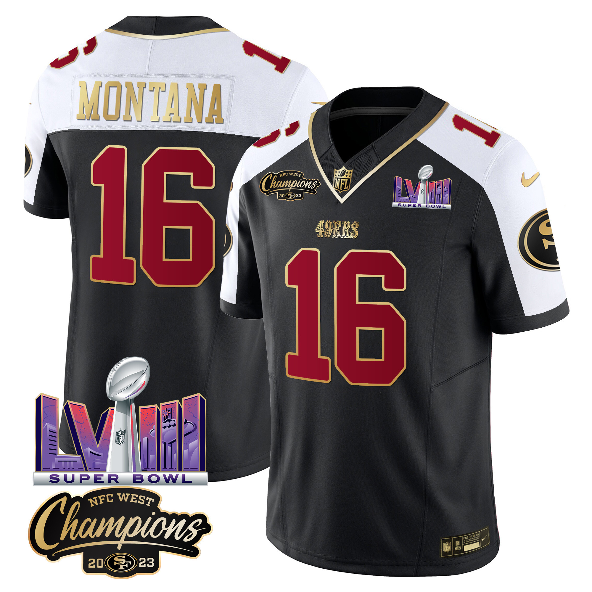 Men's Joe Montana San Francisco 49ers NFC West Champions & Super Bowl LVIII Patch Vapor Black Alternate Jersey V2 - All Stitched