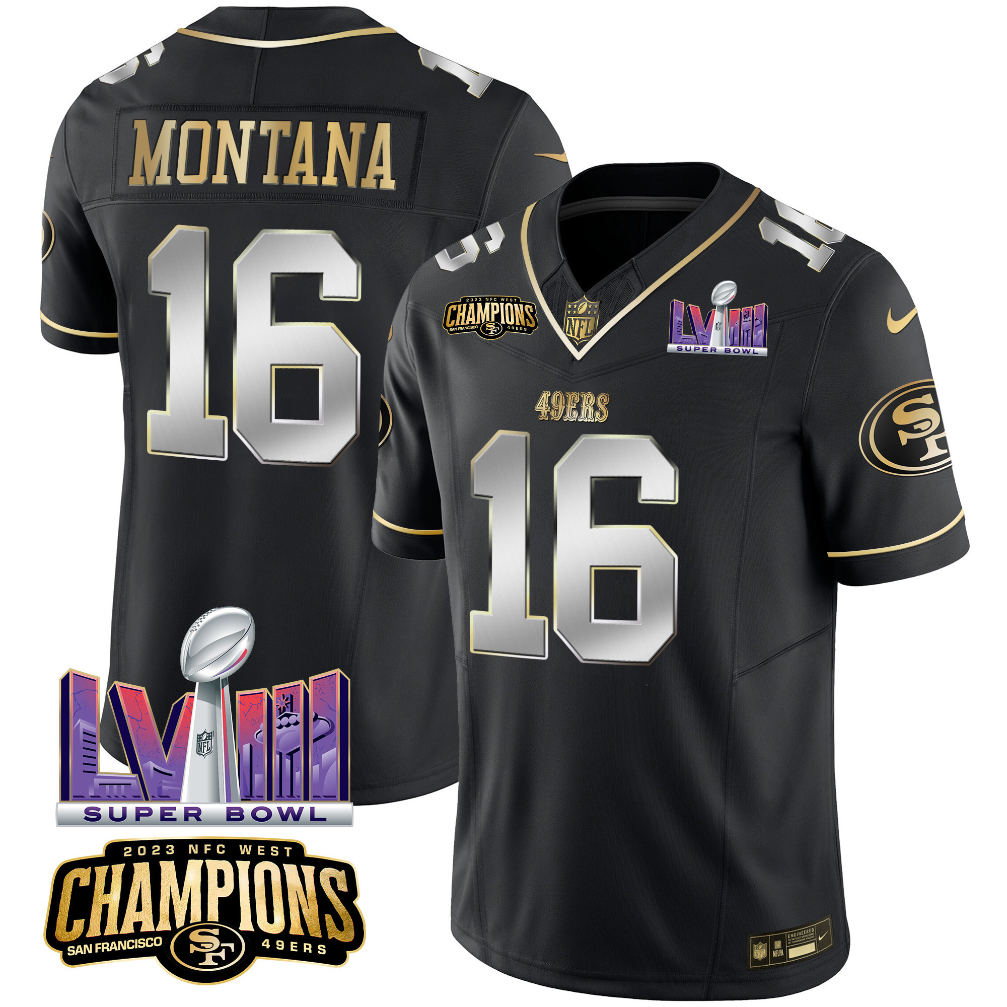 Men's Joe Montana San Francisco 49ers NFC West Champions & Super Bowl LVIII Patch Vapor Black Limited Jersey - All Stitched