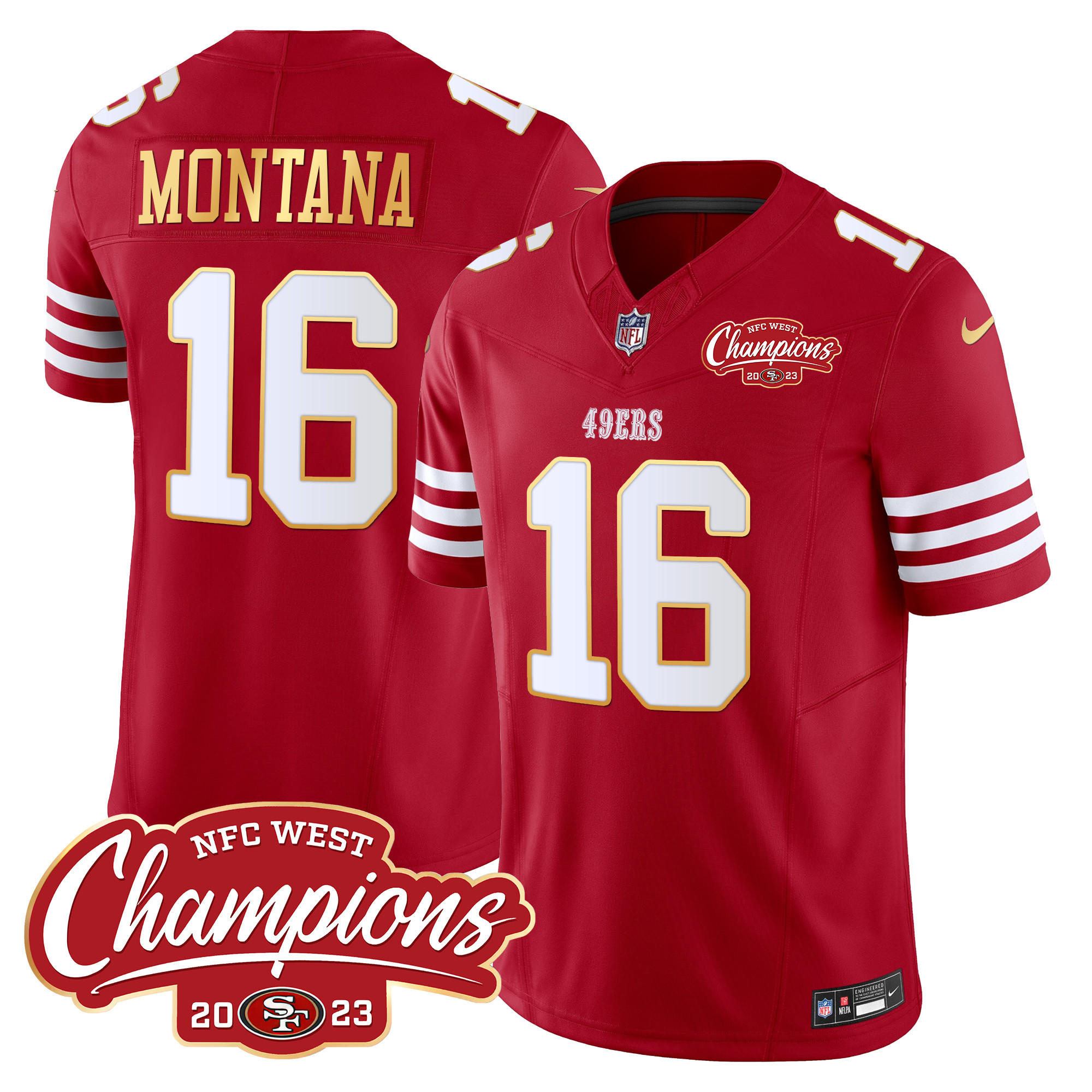 Men's Joe Montana San Francisco 49ers NFC West Champions Gold Trim Vapor Red Jersey - All Stitched