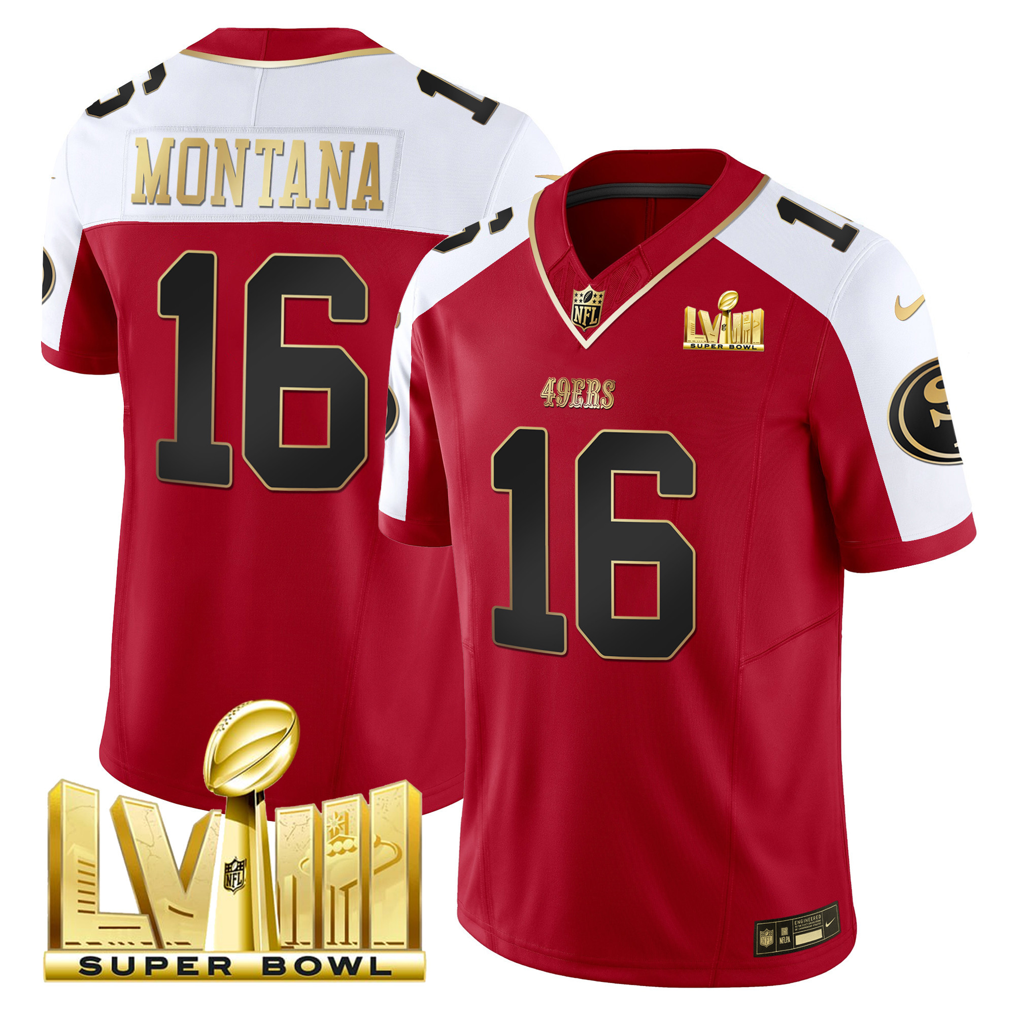 Men's Joe Montana San Francisco 49ers Super Bowl LVIII Gold Patch Vapor Alternate Jersey - All Stitched