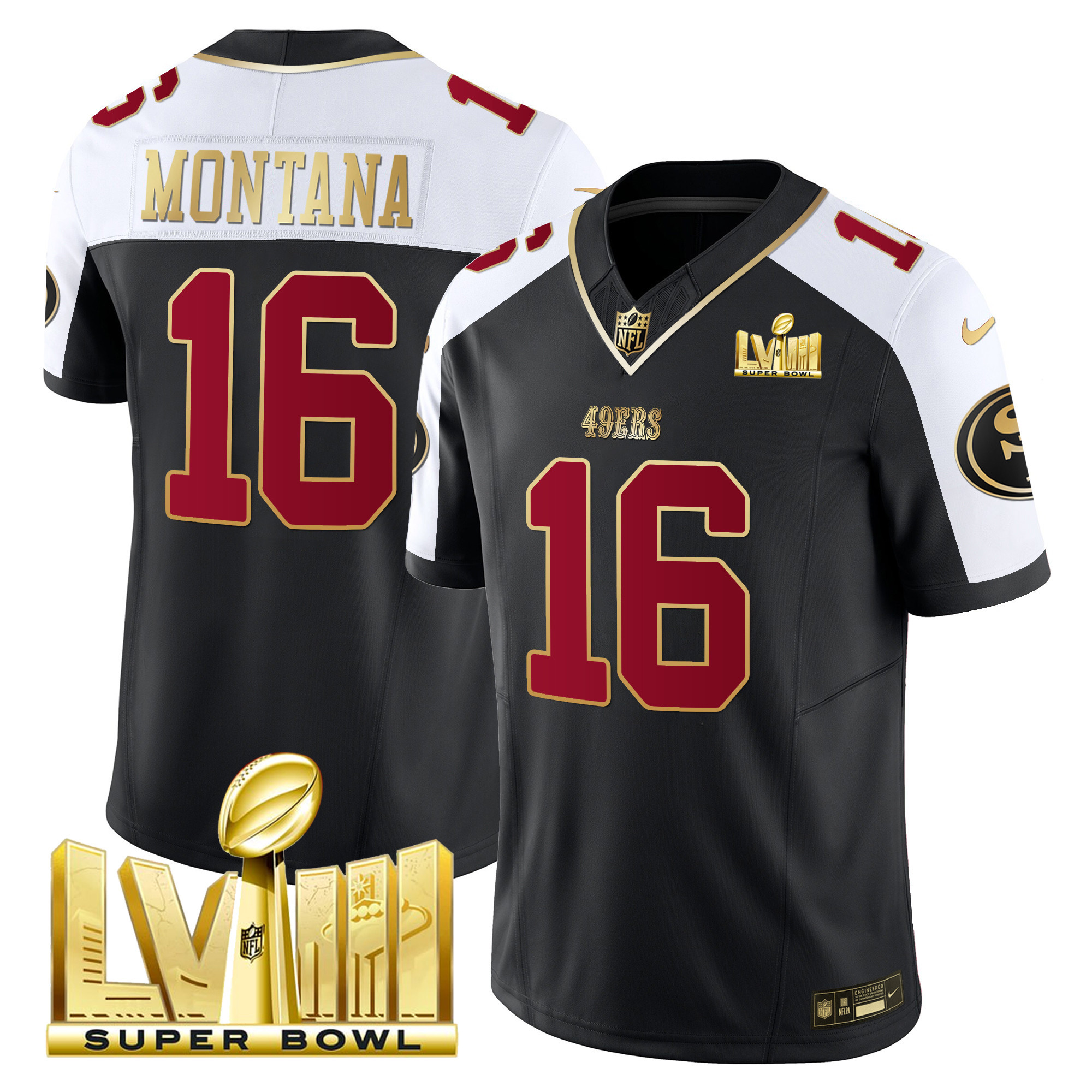 Men's Joe Montana San Francisco 49ers Super Bowl LVIII Gold Patch Vapor Black Alternate Jersey - All Stitched