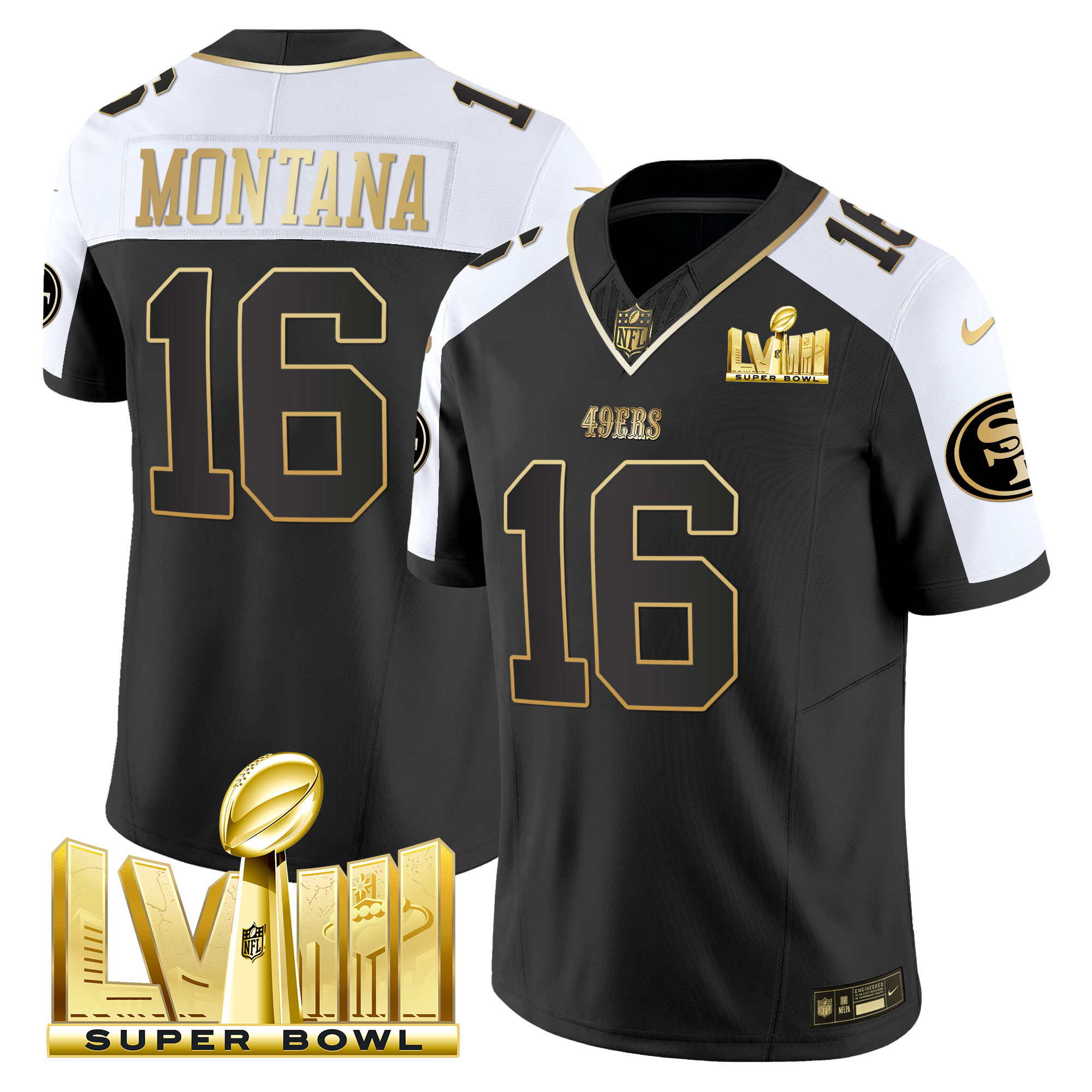 Men's Joe Montana San Francisco 49ers Super Bowl LVIII Gold Patch Vapor Black Alternate Jersey V2 - All Stitched
