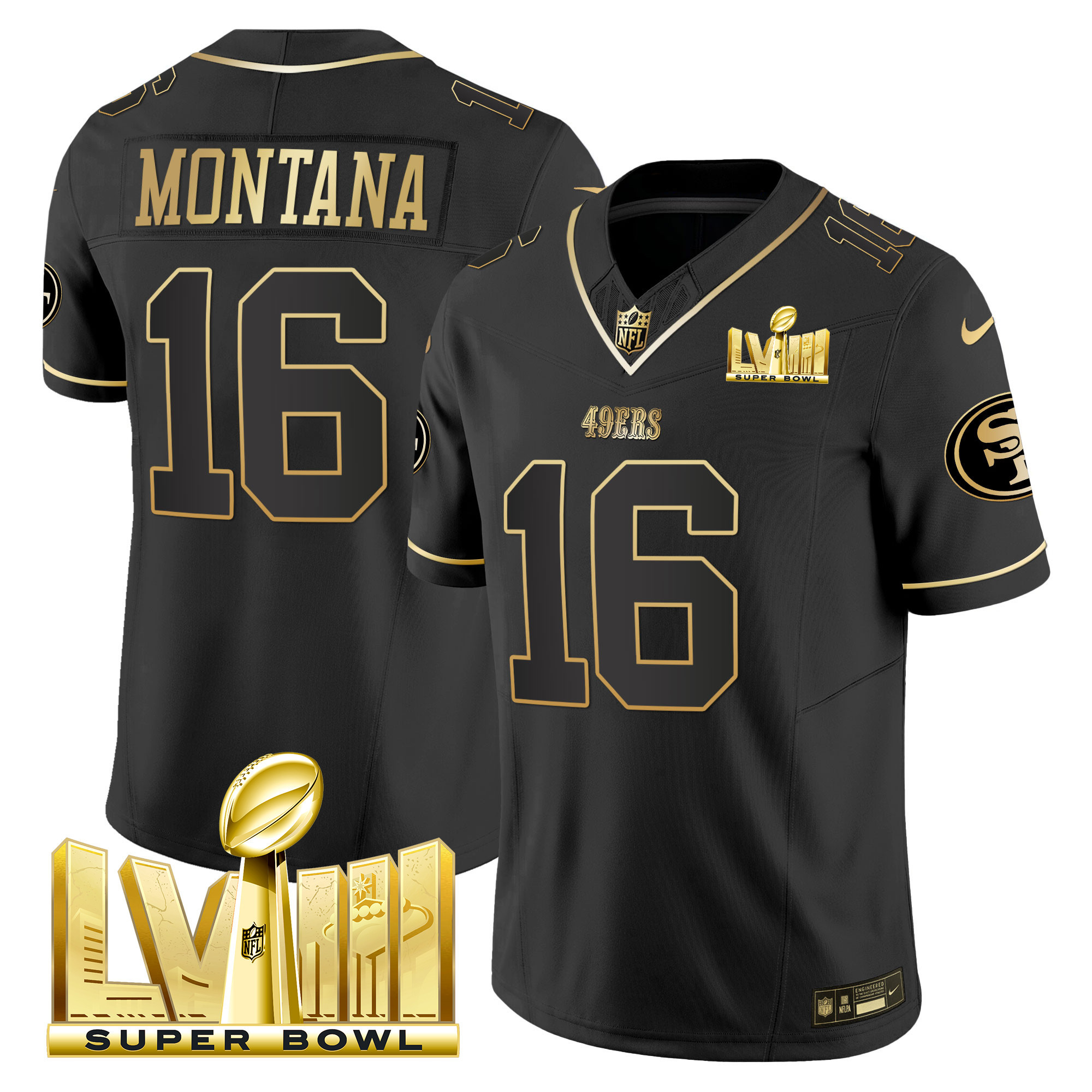 Men's Joe Montana San Francisco 49ers Super Bowl LVIII Gold Patch Vapor Black Gold Jersey V2 - All Stitched