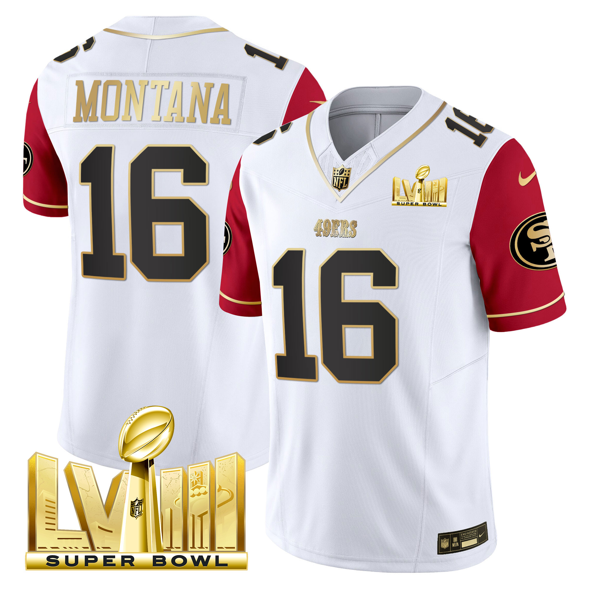 Men's Joe Montana San Francisco 49ers Super Bowl LVIII Gold Patch Vapor Color Sleeves Jersey V2 - All Stitched