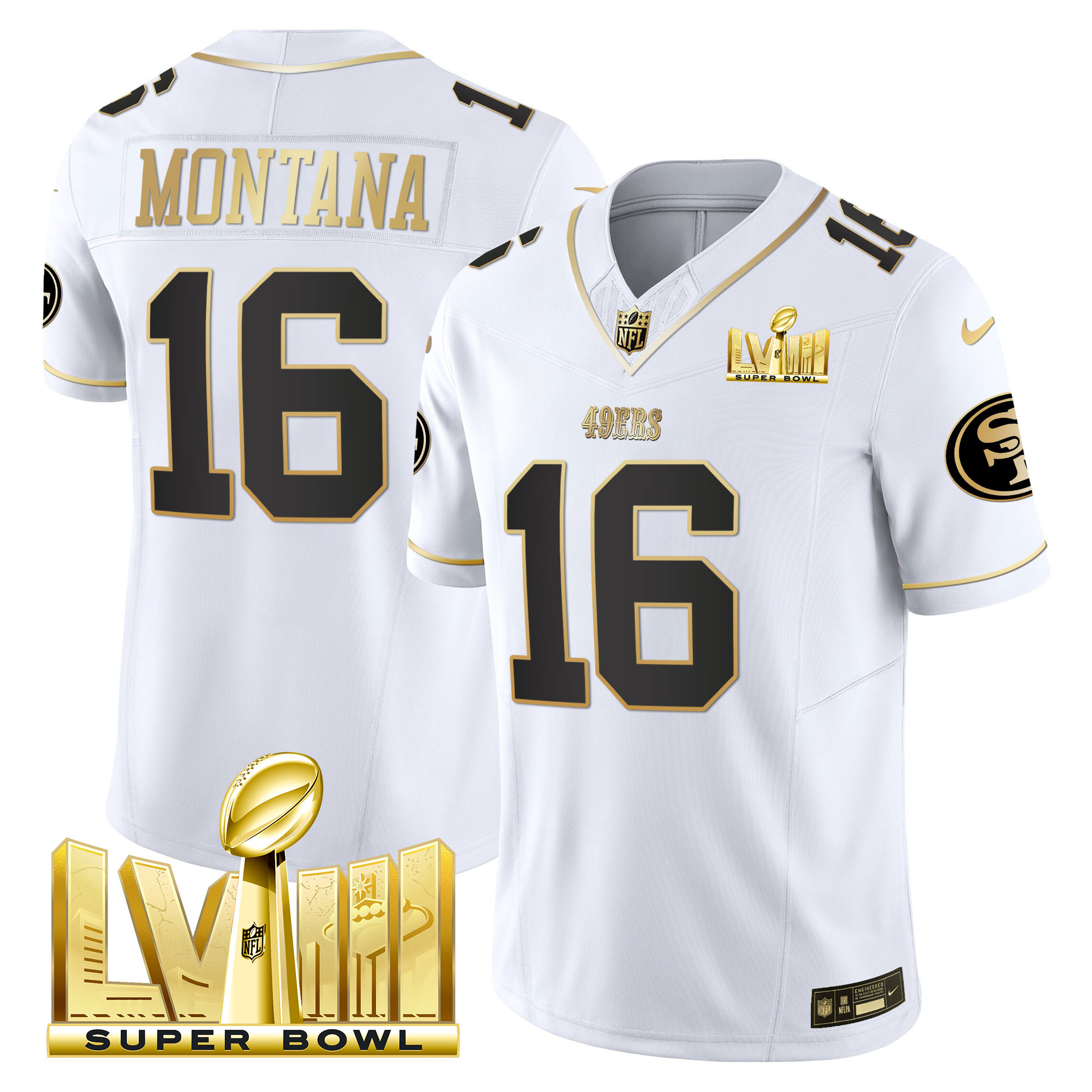 Men's Joe Montana San Francisco 49ers Super Bowl LVIII Gold Patch Vapor White Gold Jersey V2 - All Stitched