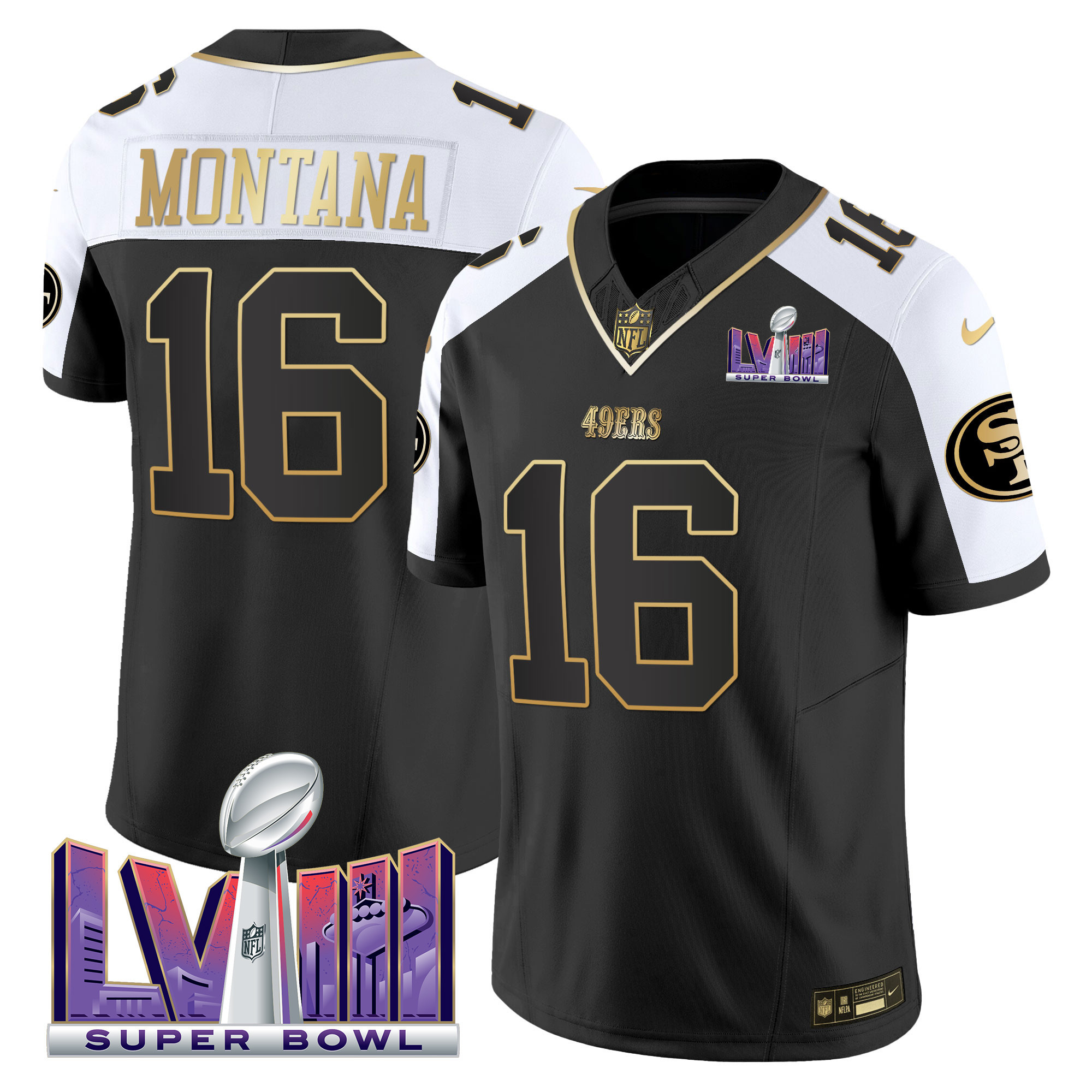 Men's Joe Montana San Francisco 49ers Super Bowl LVIII Patch Vapor Black Alternate Jersey V2 - All Stitched