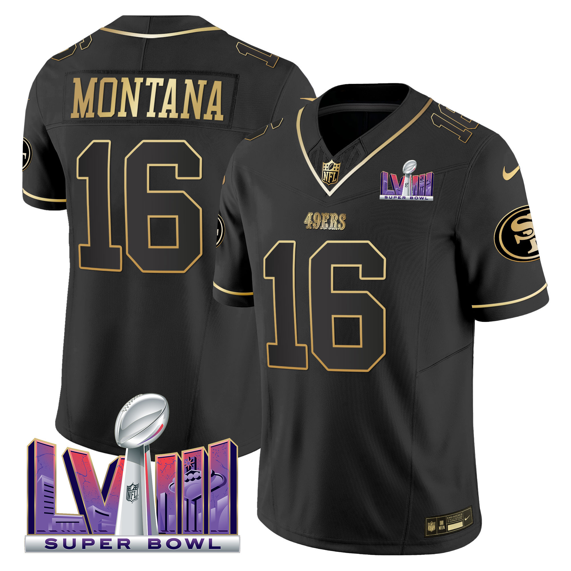 Men's Joe Montana San Francisco 49ers Super Bowl LVIII Patch Vapor Black Gold Jersey V2 - All Stitched