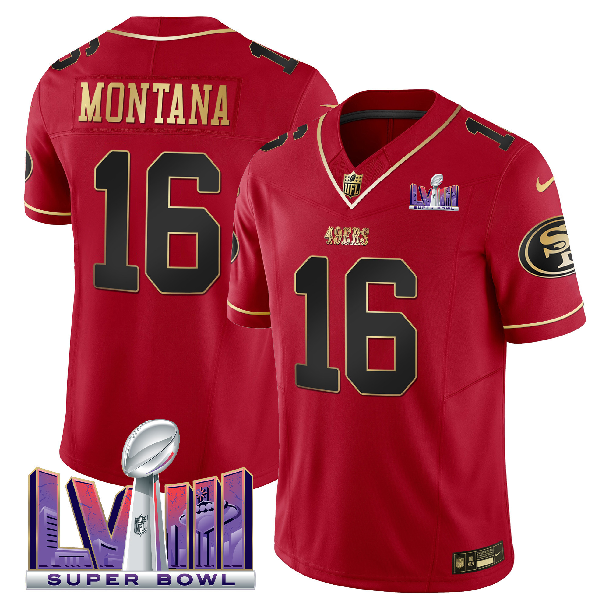 Men's Joe Montana San Francisco 49ers Super Bowl LVIII Patch Vapor Scarlet Limited Jersey - All Stitched