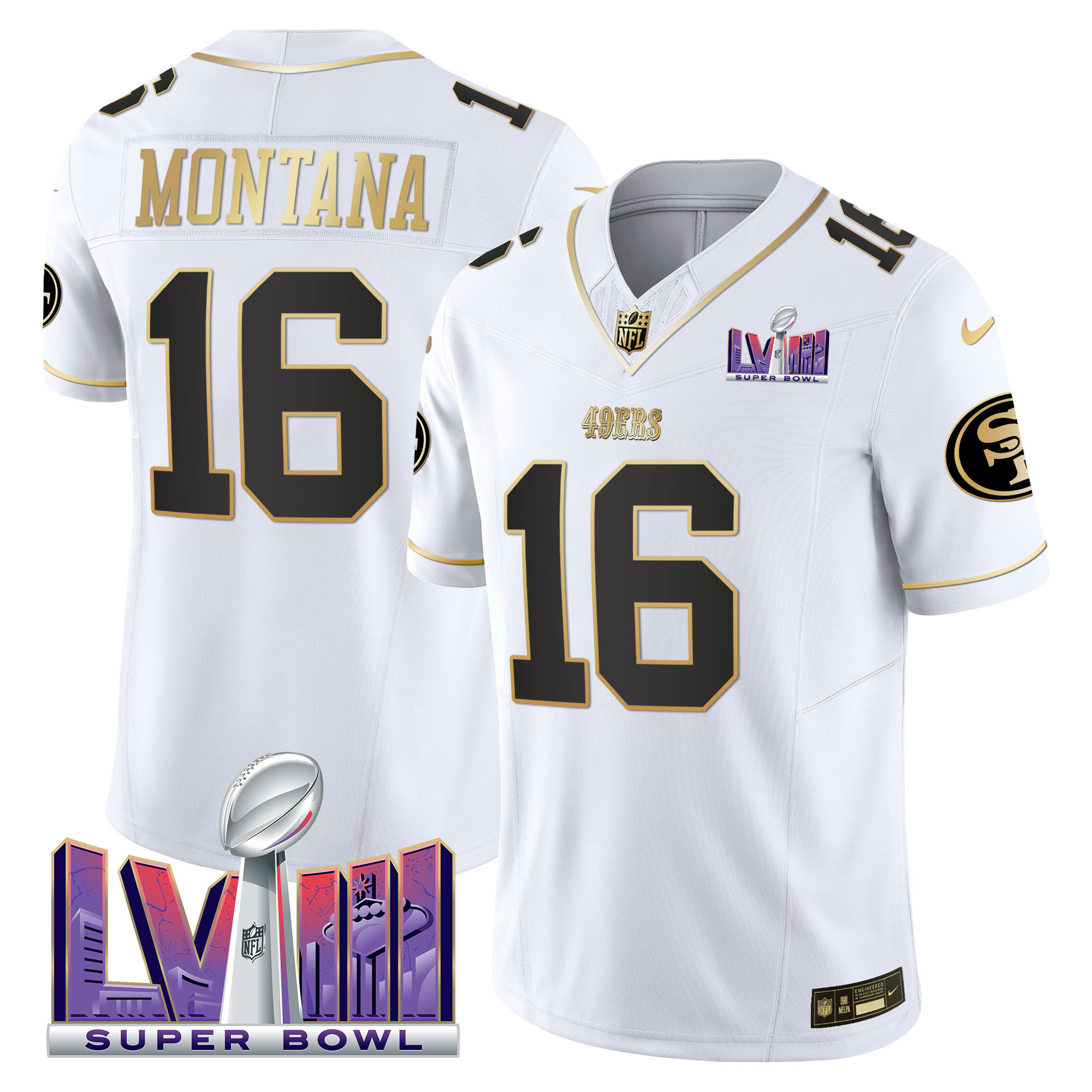 Men's Joe Montana San Francisco 49ers Super Bowl LVIII Patch Vapor White Gold Jersey V2 - All Stitched