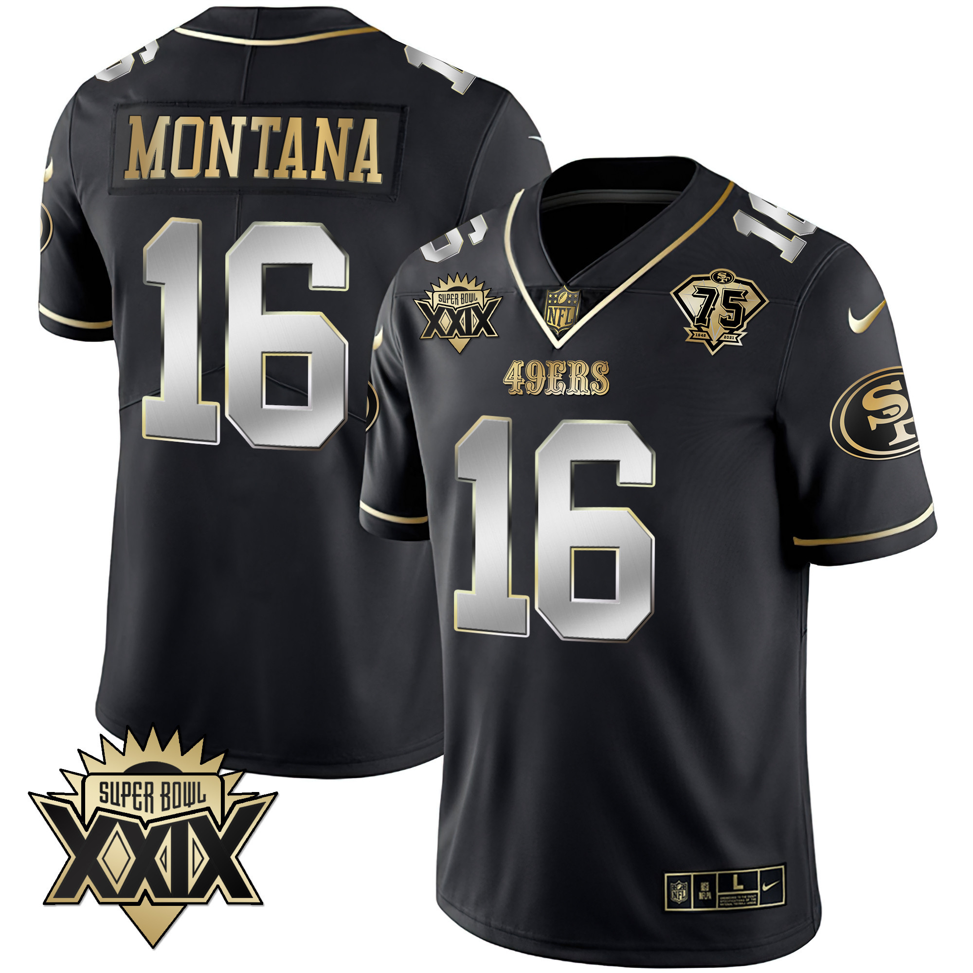 Men's Joe Montana San Francisco 49ers Super Bowl XXIX Patch Black Red Gold Black Limited Jersey - All Stitched