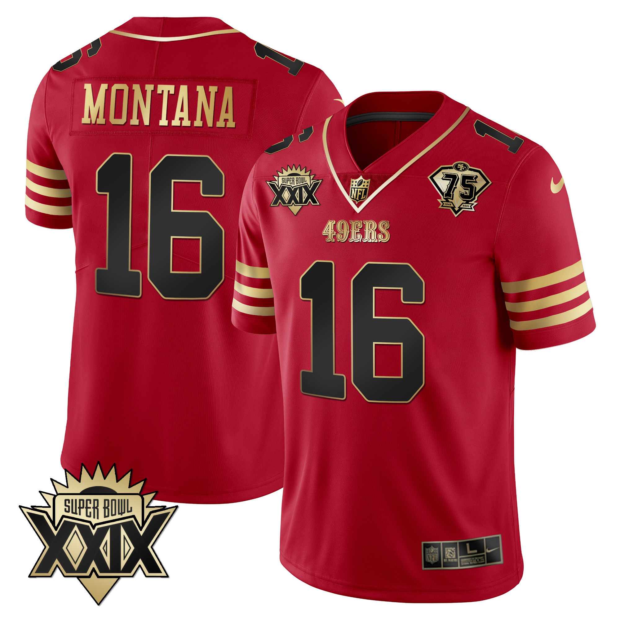 Men's Joe Montana San Francisco 49ers Super Bowl XXIX Patch Black Red Gold Black Red Jersey - All Stitched