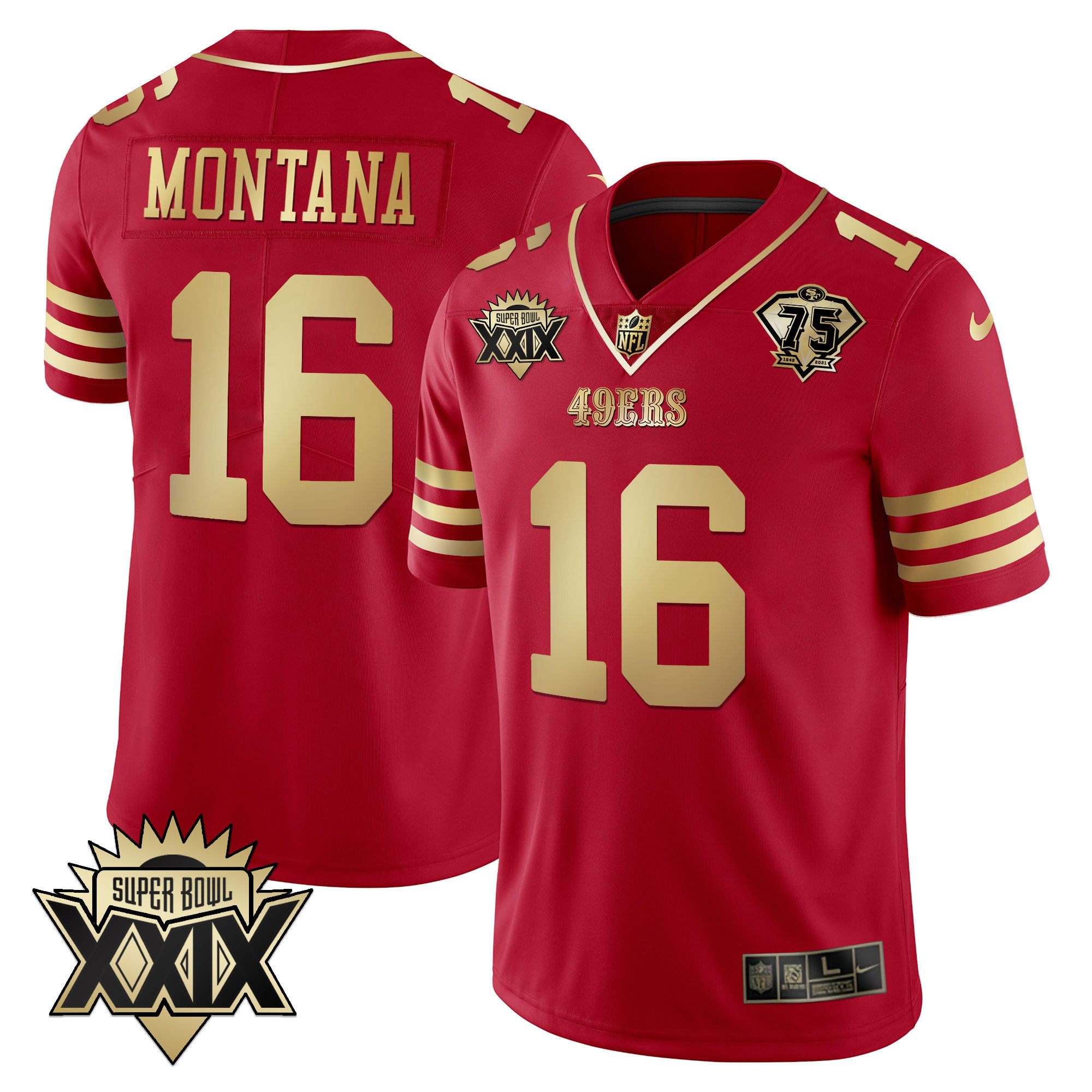 Men's Joe Montana San Francisco 49ers Super Bowl XXIX Patch Black Red Gold Red Gold Jersey - All Stitched