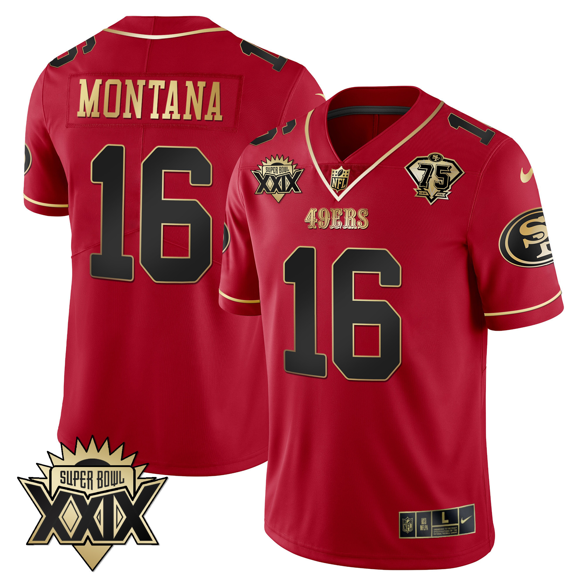 Men's Joe Montana San Francisco 49ers Super Bowl XXIX Patch Black Red Gold Red Limited Jersey - All Stitched