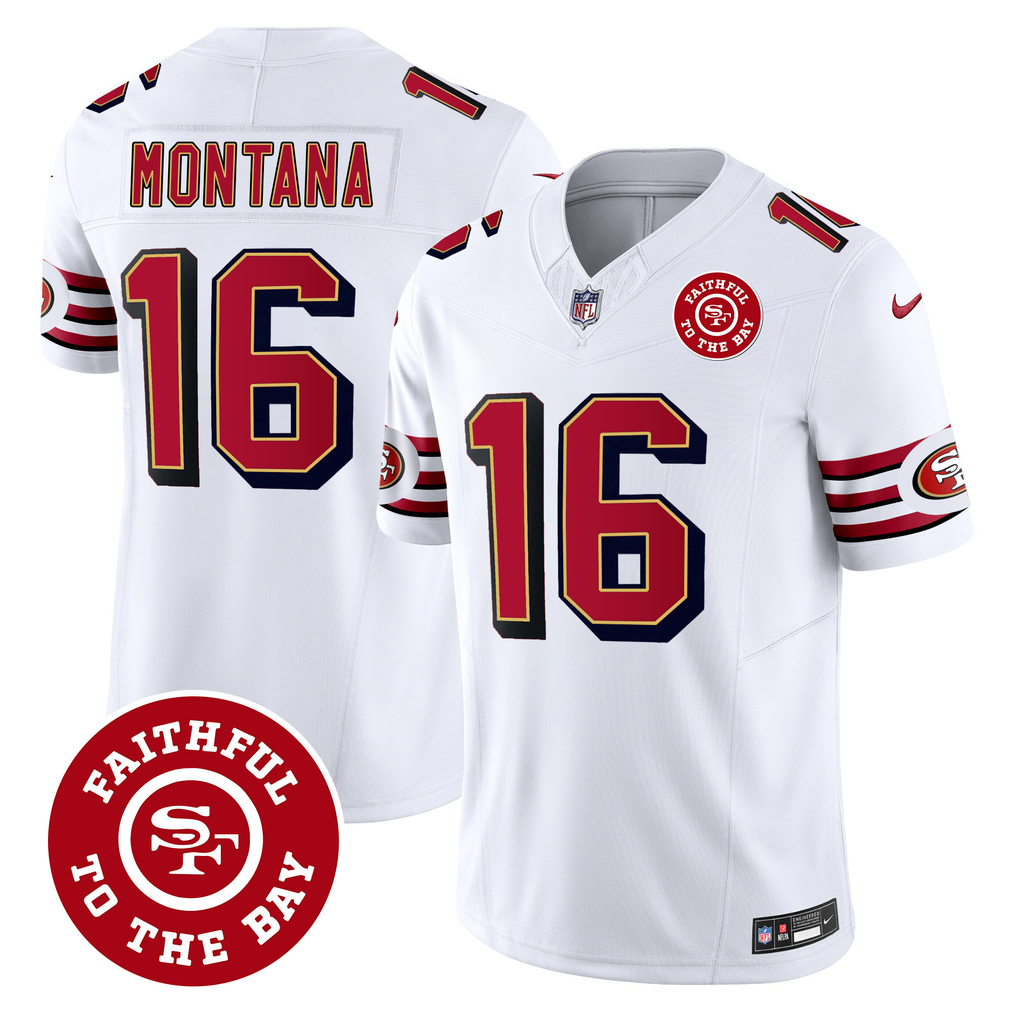 Men's Joe Montana San Francisco 49ers Throwback Faithful To The Bay Patch Vapor Limited White Jersey - All Stitched