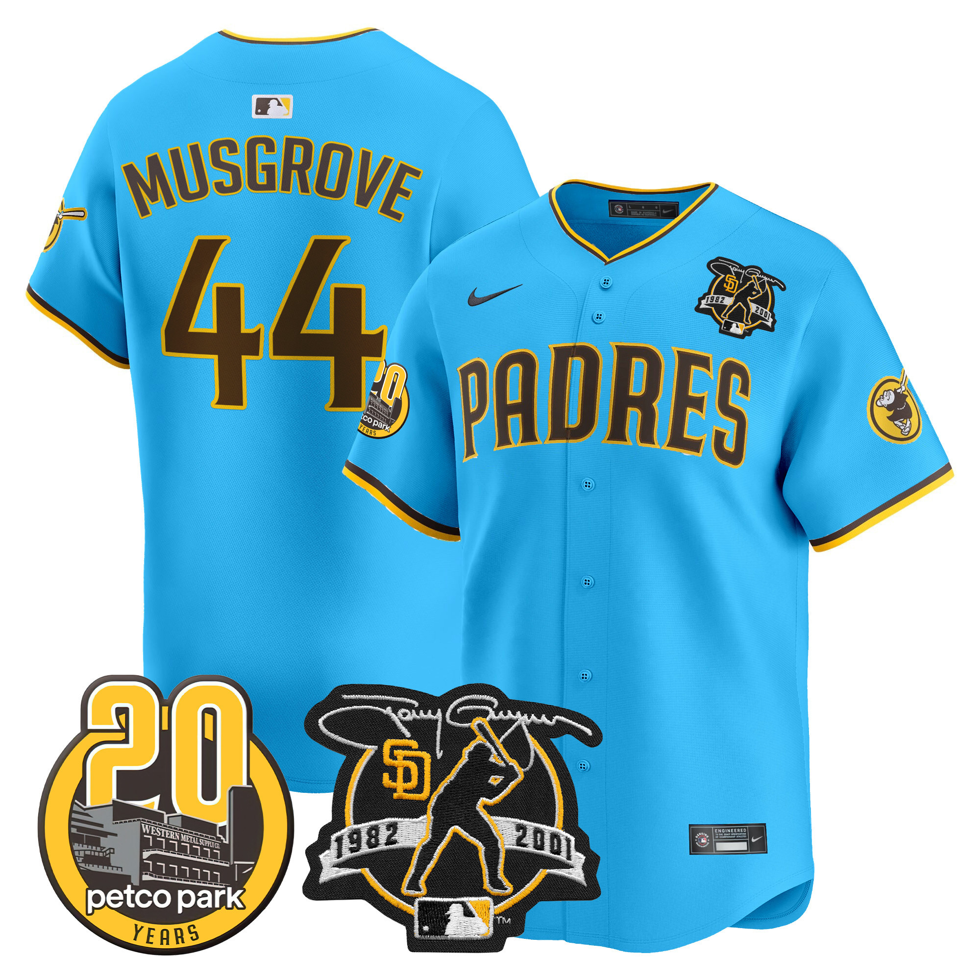 Men's Joe Musgrove San Diego Padres Tony Gwynn & Petco Park 20th Patch Vapor Premier Limited Light Blue Jersey V2 ñ All Stitched
