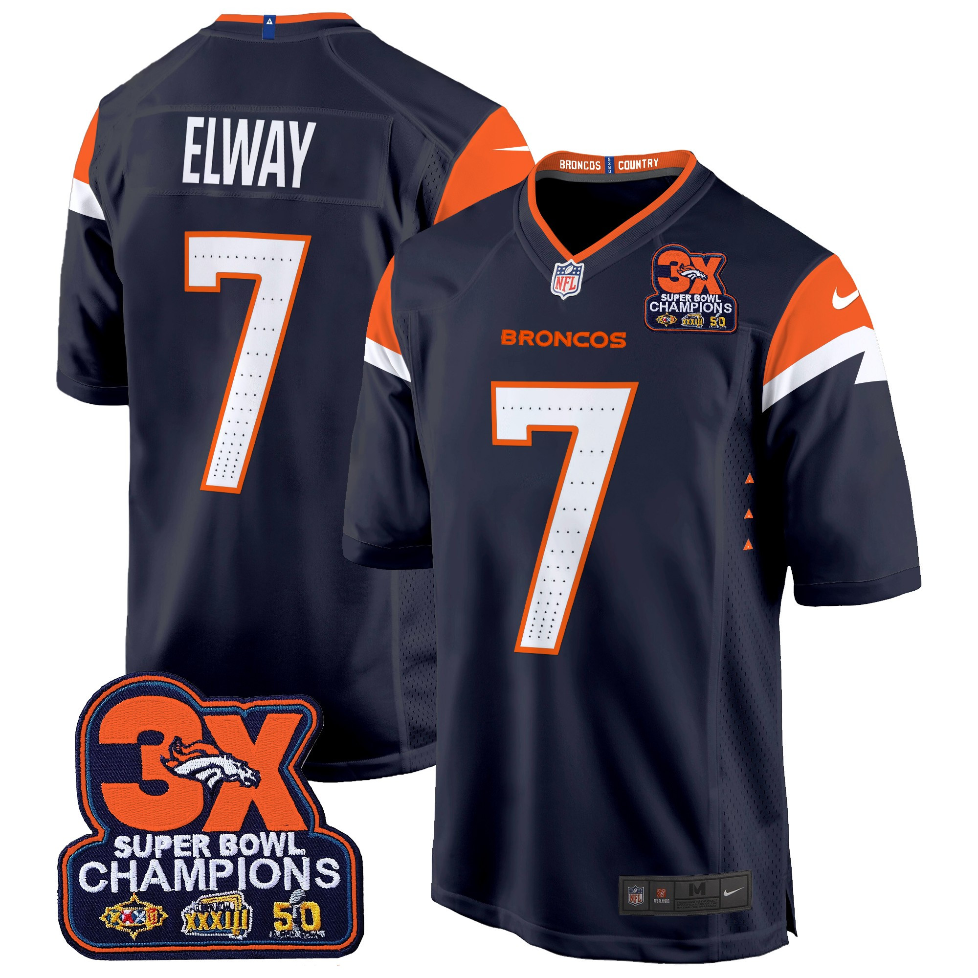 Men's John Elway Denver Broncos 3-Time Champions Patch Game Navy Jersey - All Stitched