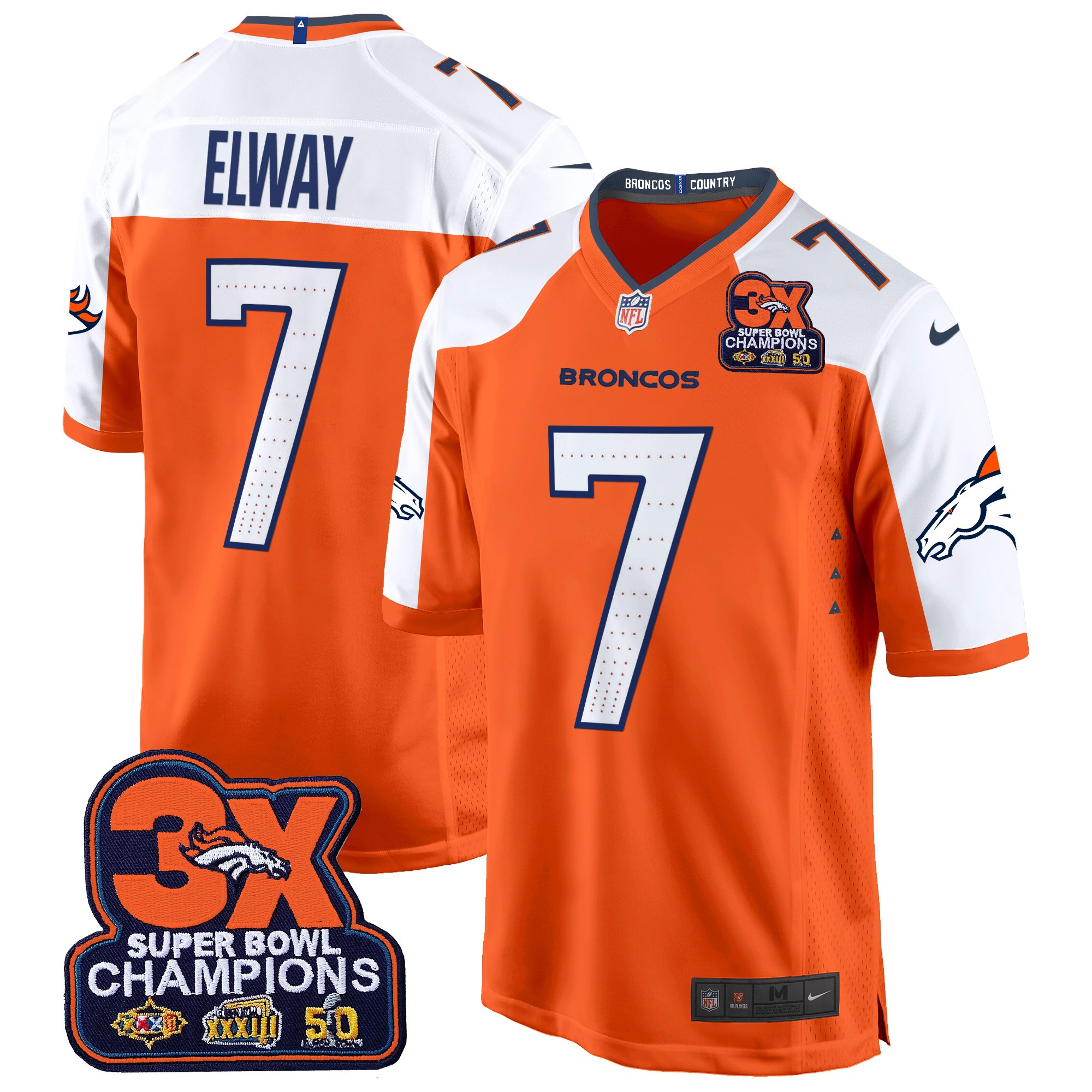 Men's John Elway Denver Broncos 3-Time Champions Patch Game Orange Alternate Jersey - All Stitched