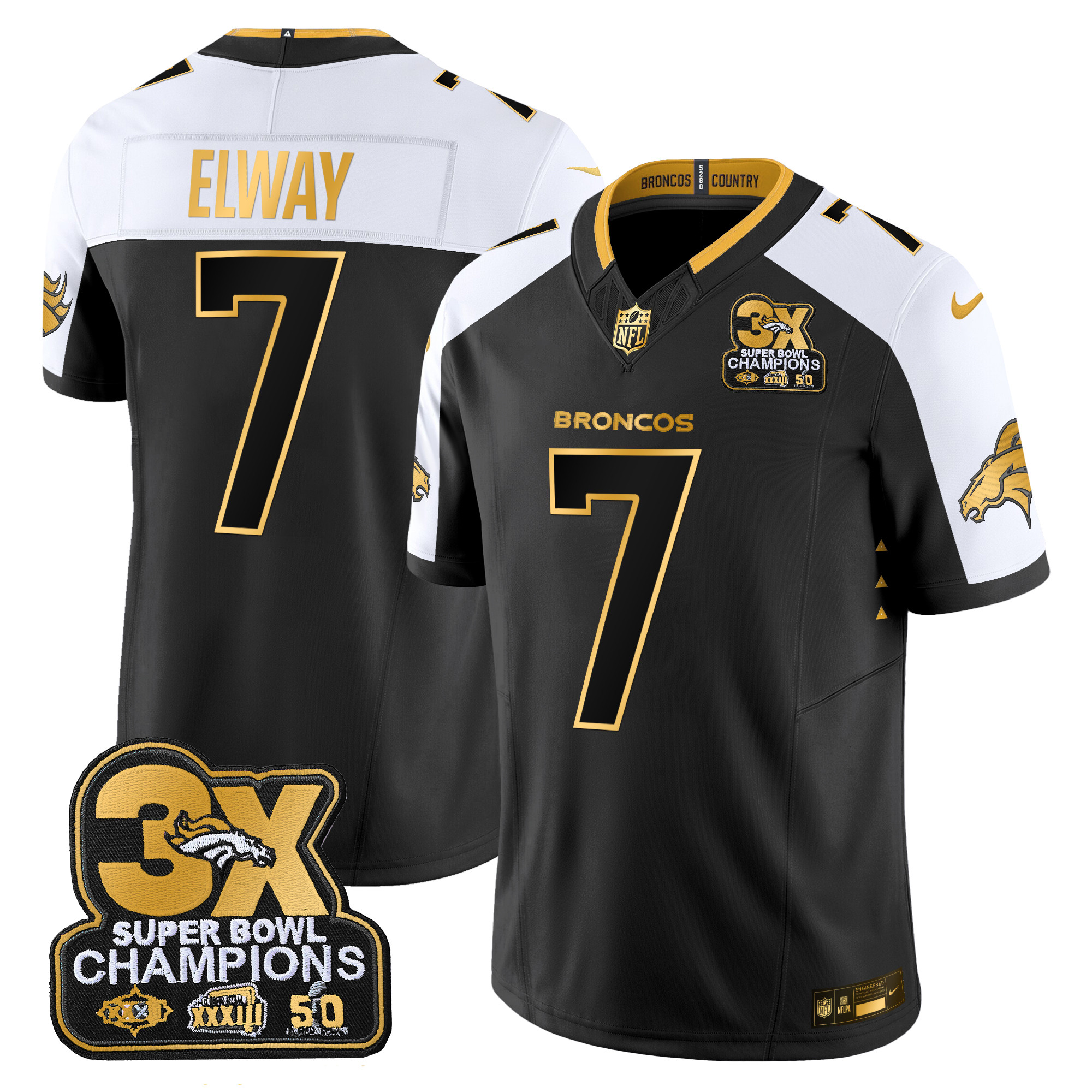 Men's John Elway Denver Broncos 3-Time Champions Patch Gold Vapor Limited Alternate Jersey - All Stitched