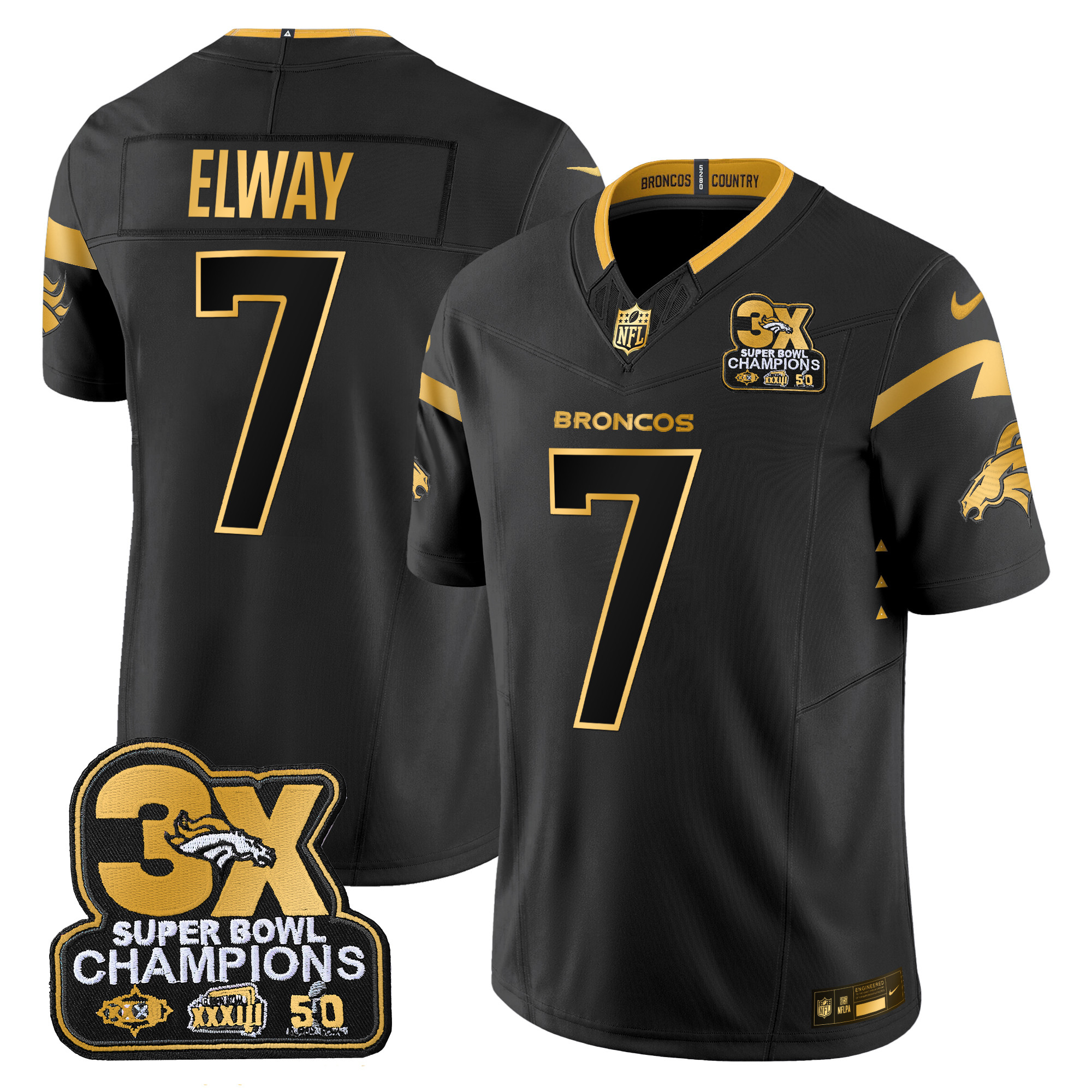 Men's John Elway Denver Broncos 3-Time Champions Patch Gold Vapor Limited Black Gold Jersey - All Stitched