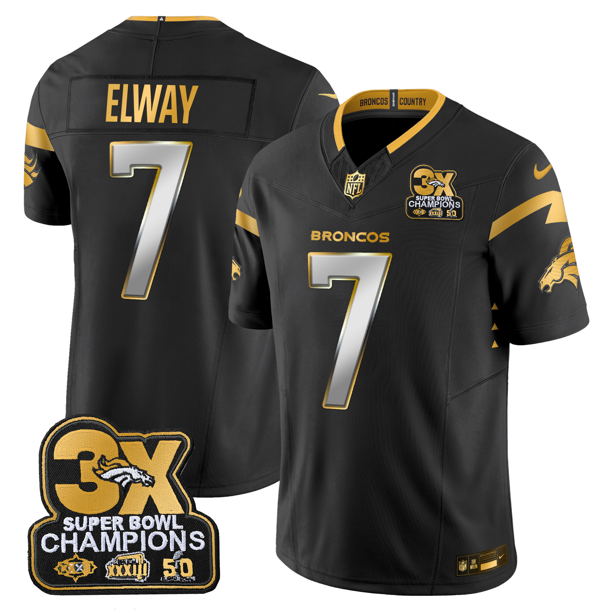 Men's John Elway Denver Broncos 3-Time Champions Patch Gold Vapor Limited Black Limited Jersey - All Stitched