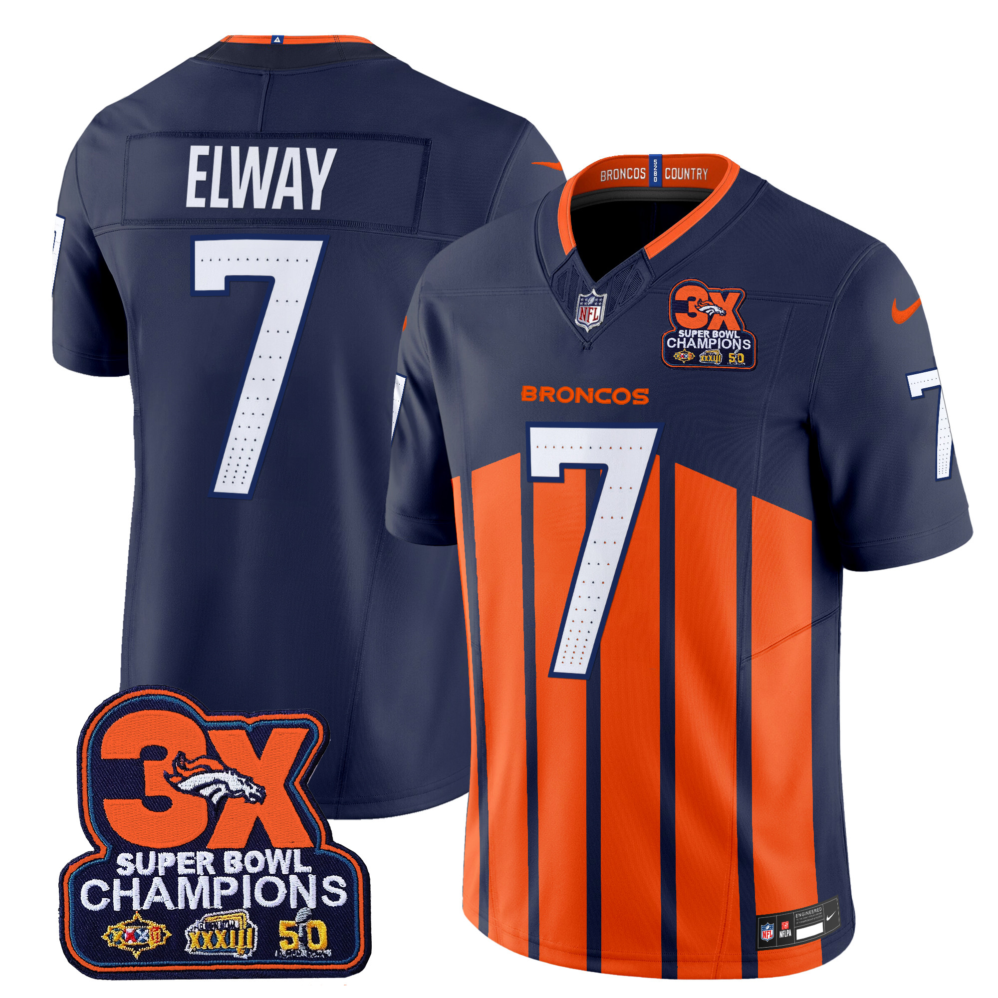 Men's John Elway Denver Broncos 3-Time Champions Patch Vapor Limited Navy Special Jersey - All Stitched