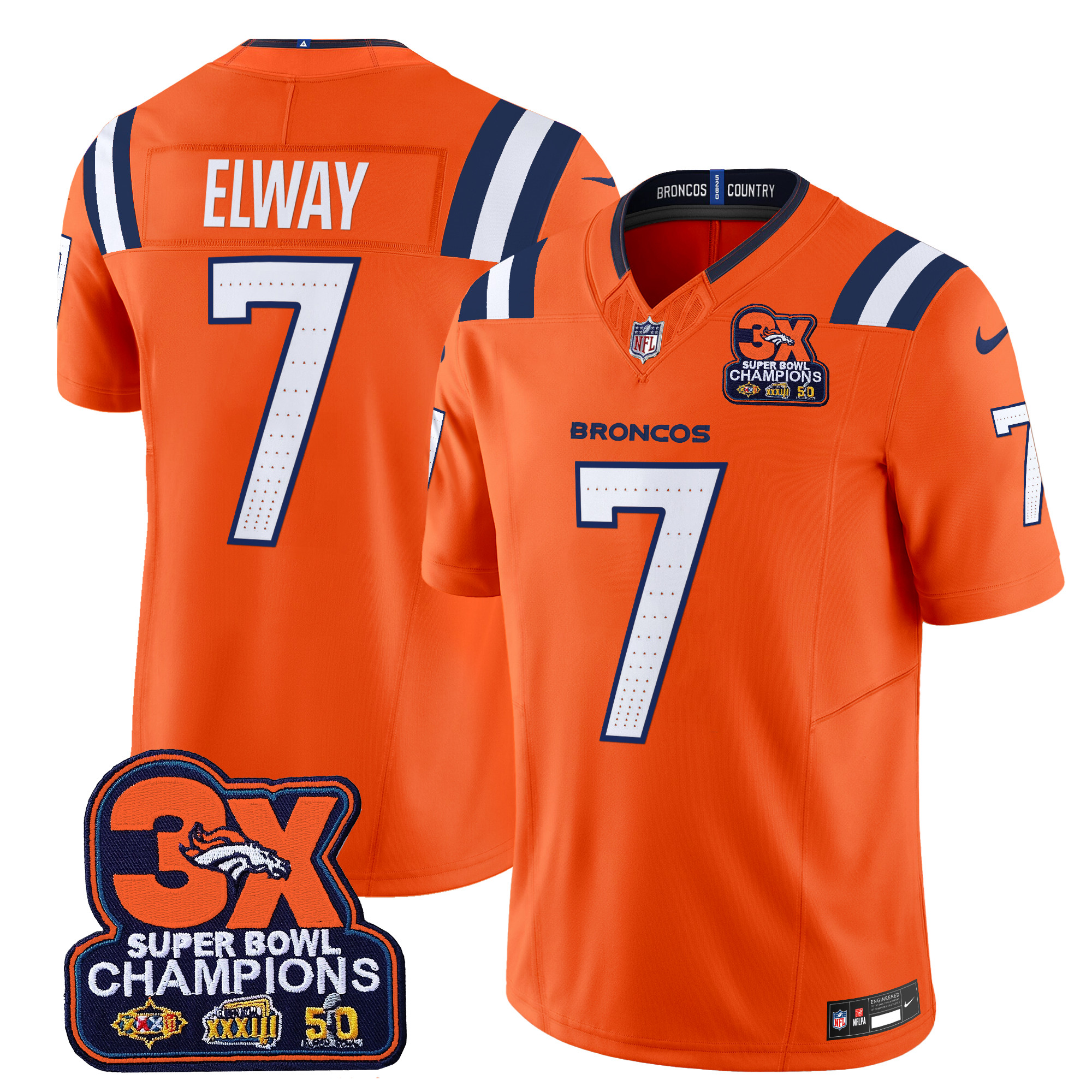 Men's John Elway Denver Broncos 3-Time Champions Patch Vapor Limited Orange Jersey - All Stitched