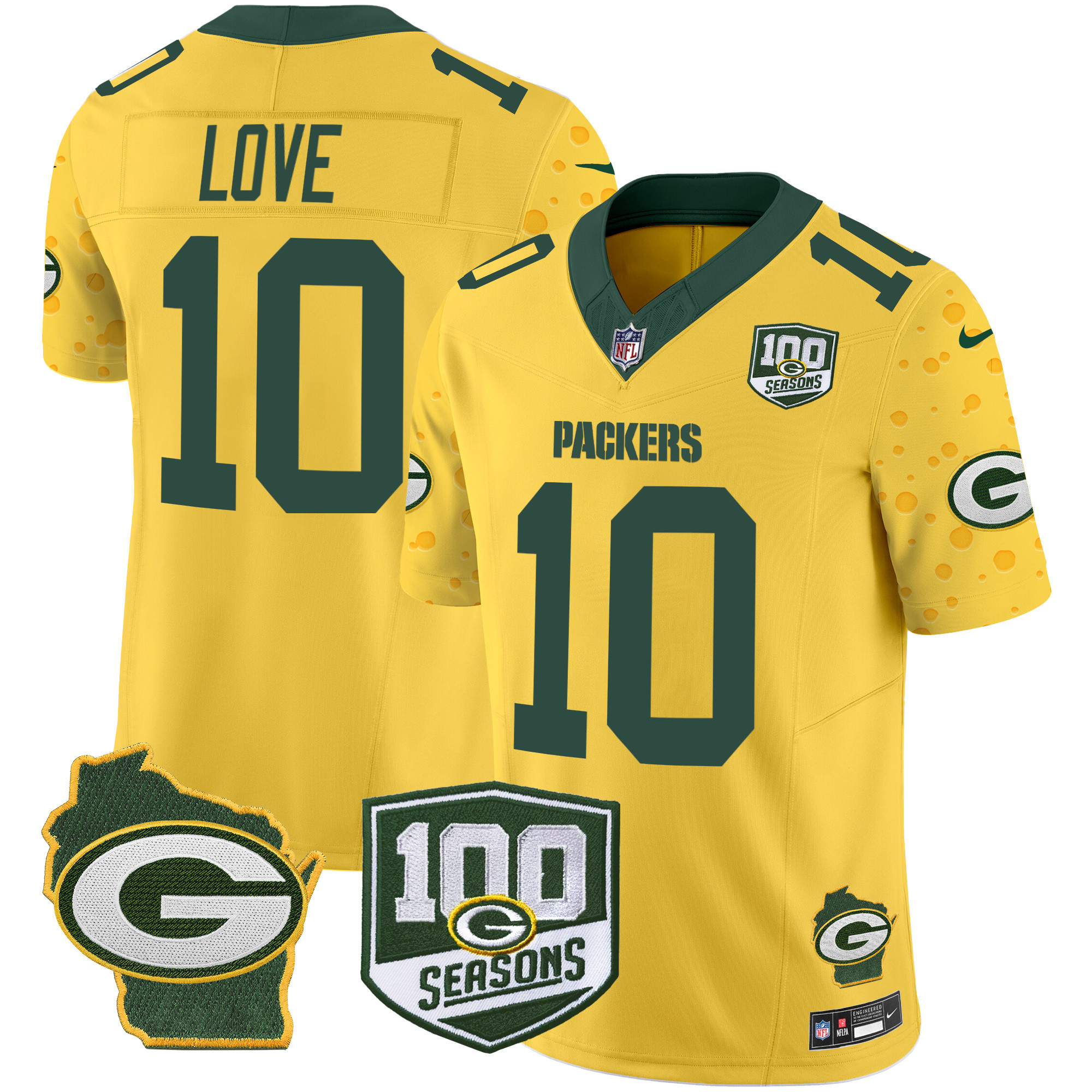 Men's Jordan Love Green Bay Packers 100th Season & Home Patch Cheese Vapor Limited Gold Jersey – All Stitched