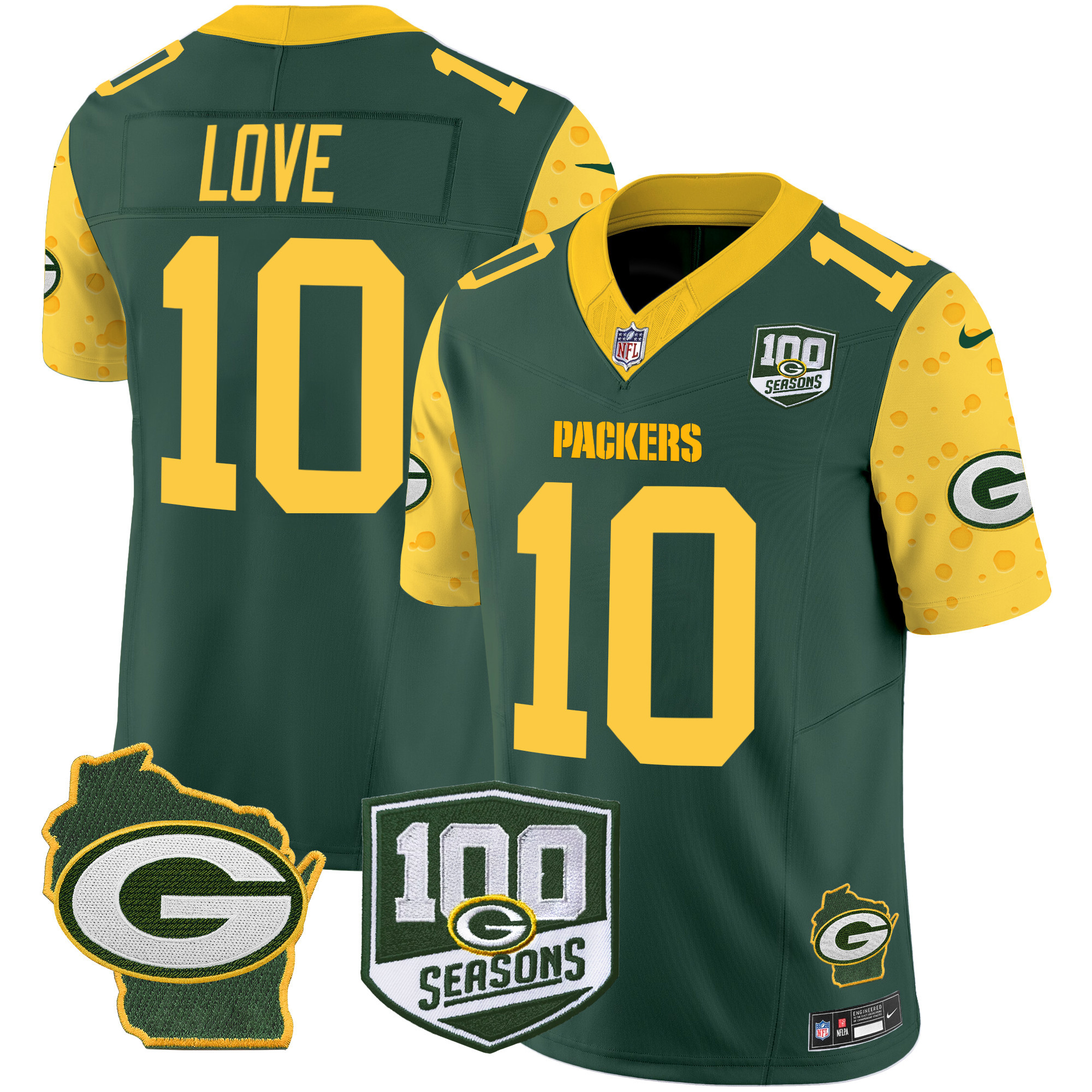 Men's Jordan Love Green Bay Packers 100th Season & Home Patch Cheese Vapor Limited Green Jersey – All Stitched