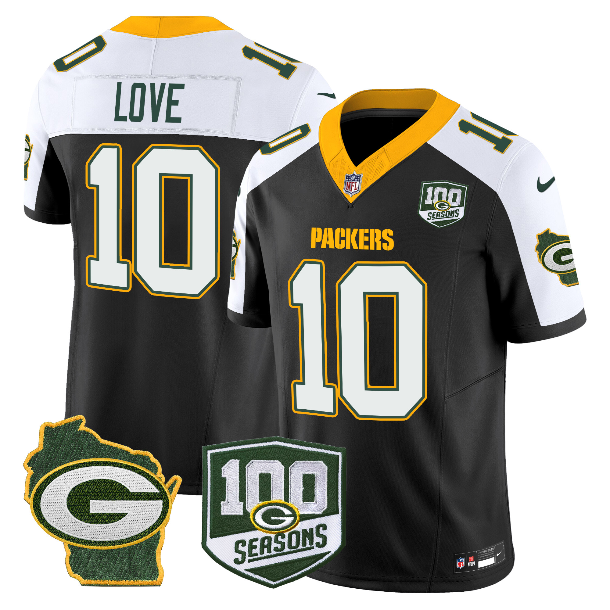 Men's Jordan Love Green Bay Packers 100th Season & Home Patch Vapor Limited Black Alternate Jersey - All Stitched