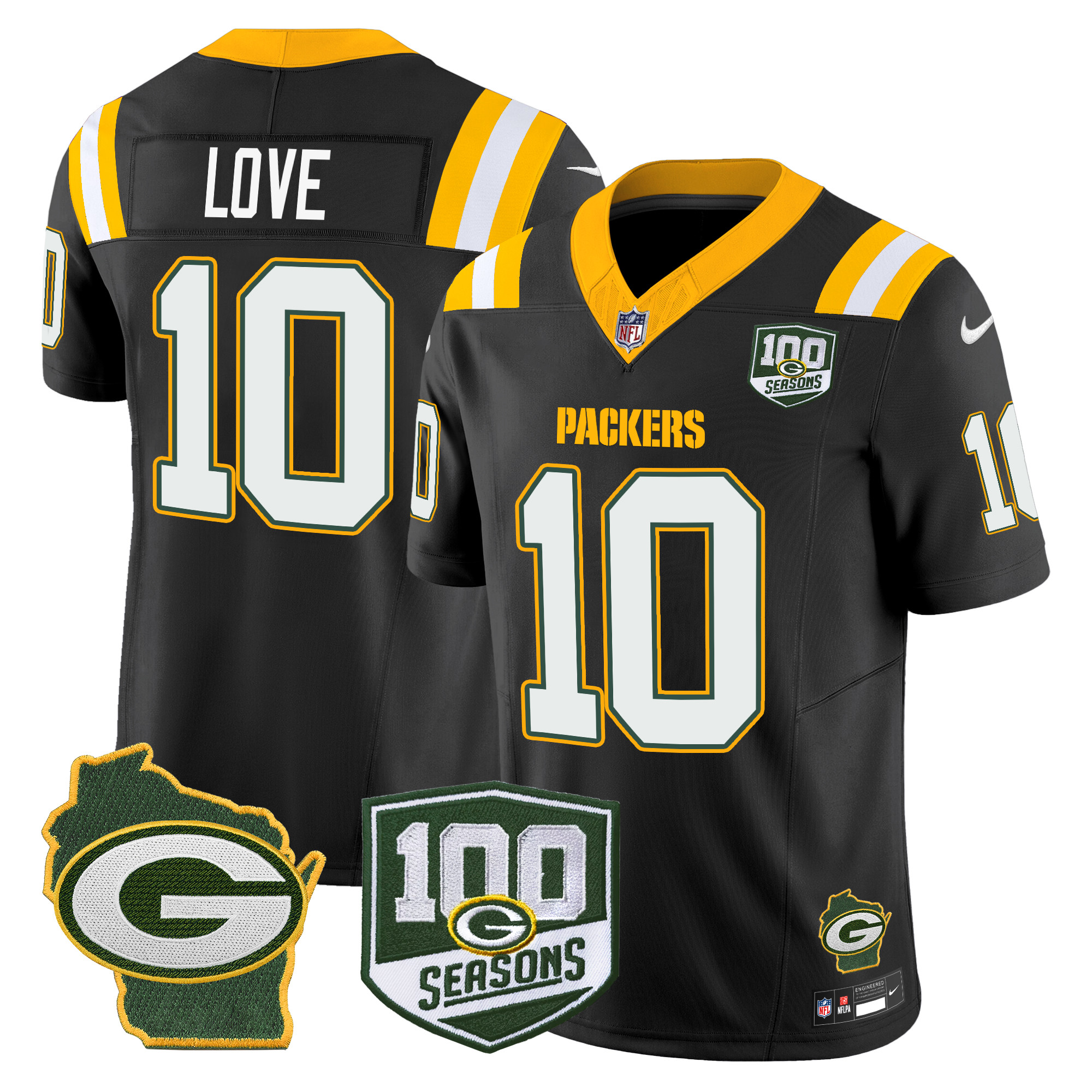 Men's Jordan Love Green Bay Packers 100th Season & Home Patch Vapor Limited Black Jersey - All Stitched