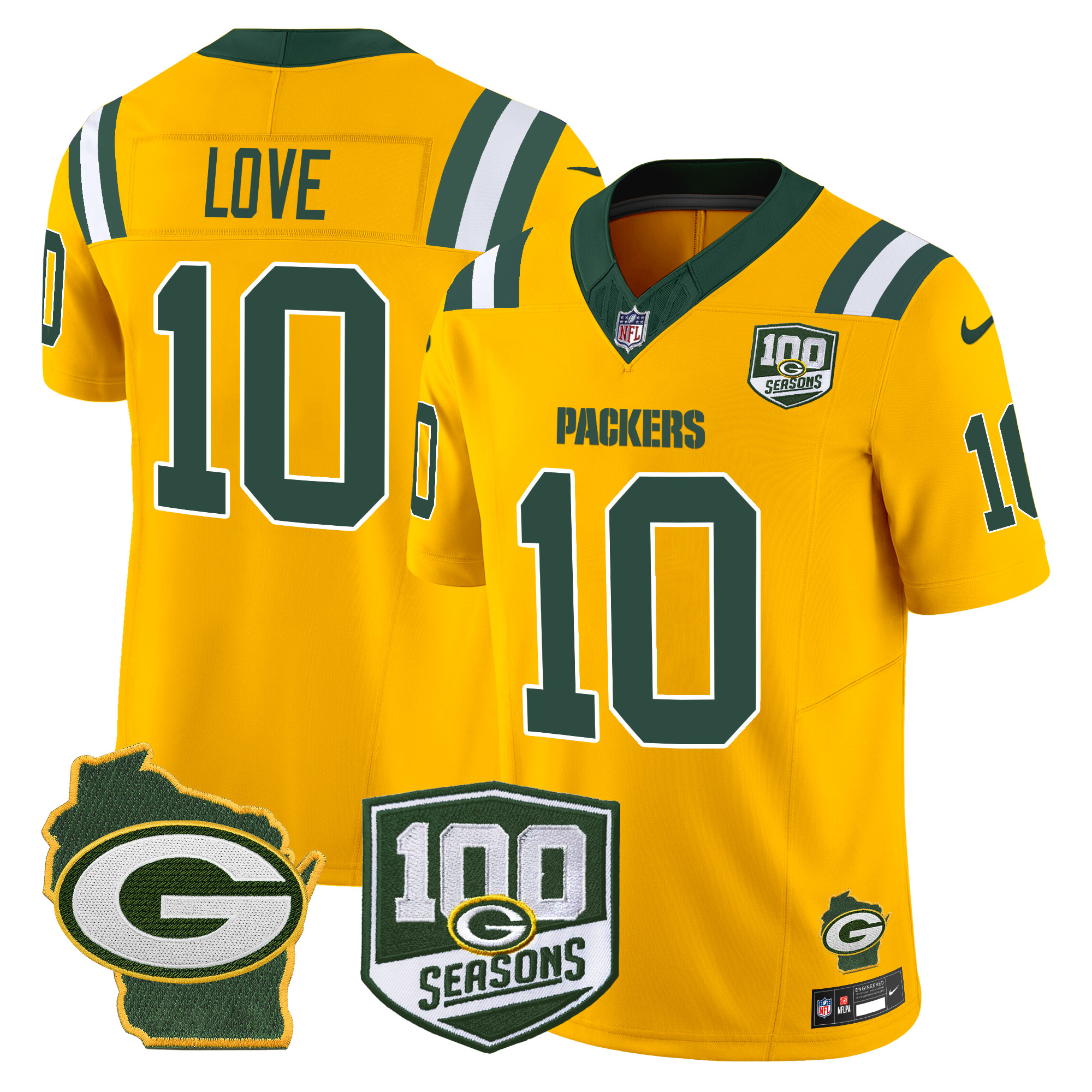 Men's Jordan Love Green Bay Packers 100th Season & Home Patch Vapor Limited Gold Jersey - All Stitched