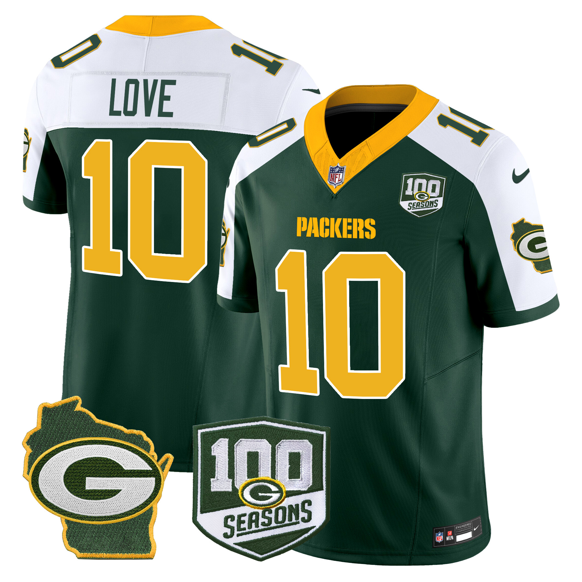Men's Jordan Love Green Bay Packers 100th Season & Home Patch Vapor Limited Green Alternate Jersey - All Stitched