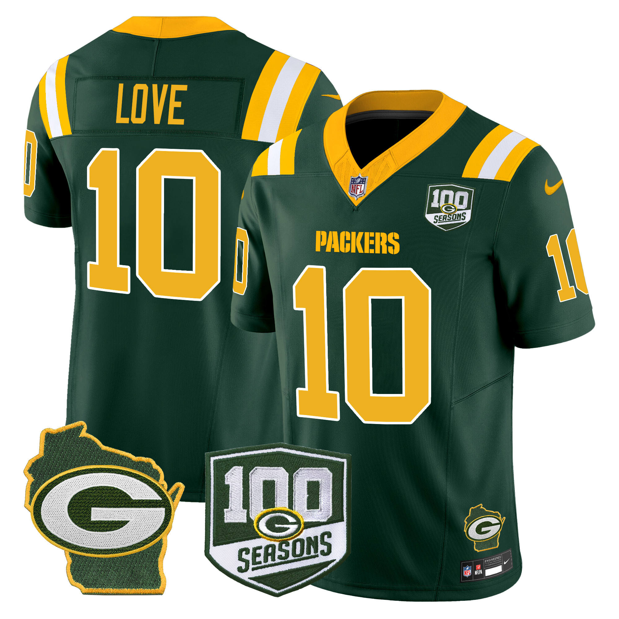 Men's Jordan Love Green Bay Packers 100th Season & Home Patch Vapor Limited Green Jersey - All Stitched