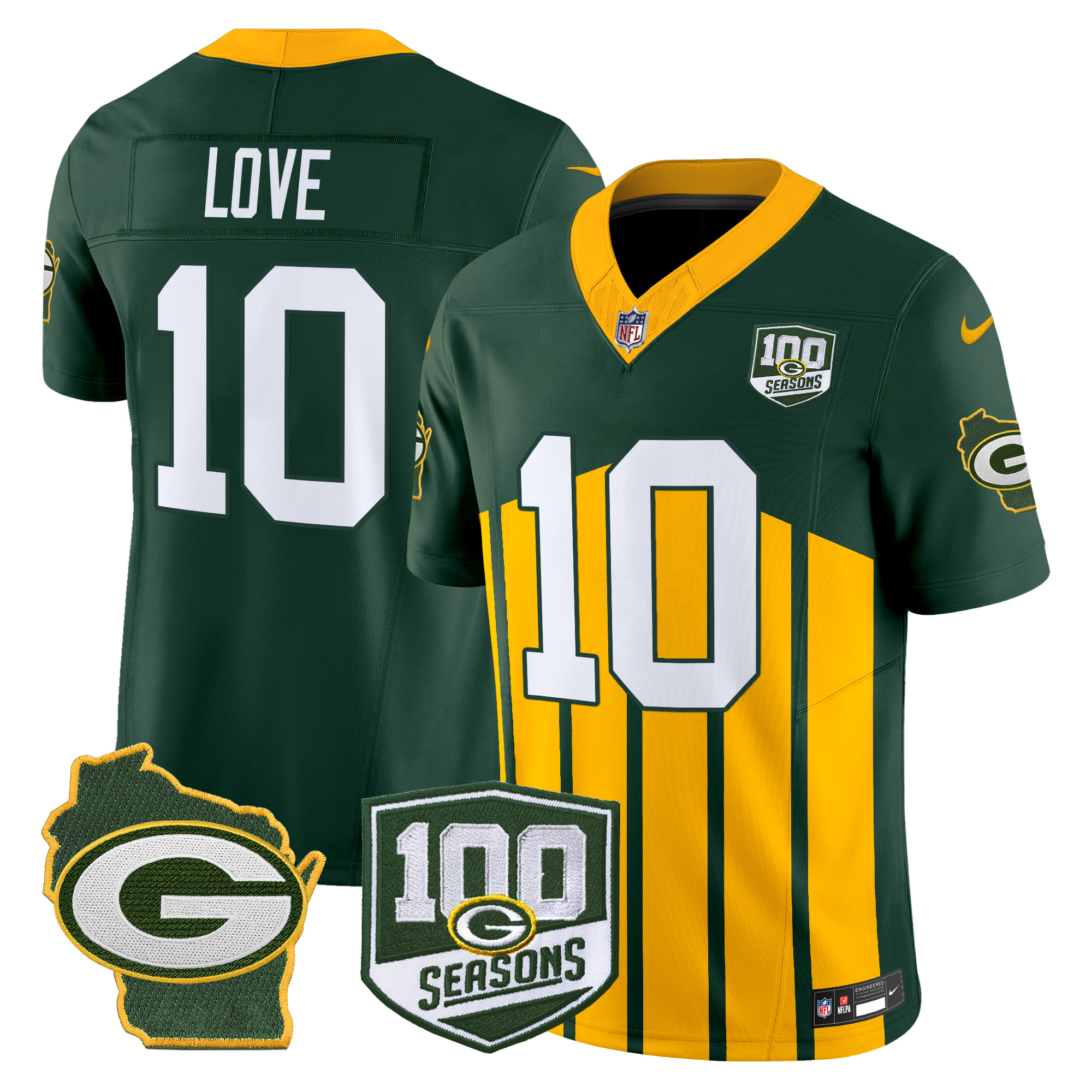 Men's Jordan Love Green Bay Packers 100th Season & Home Patch Vapor Limited Green Special Jersey - All Stitched