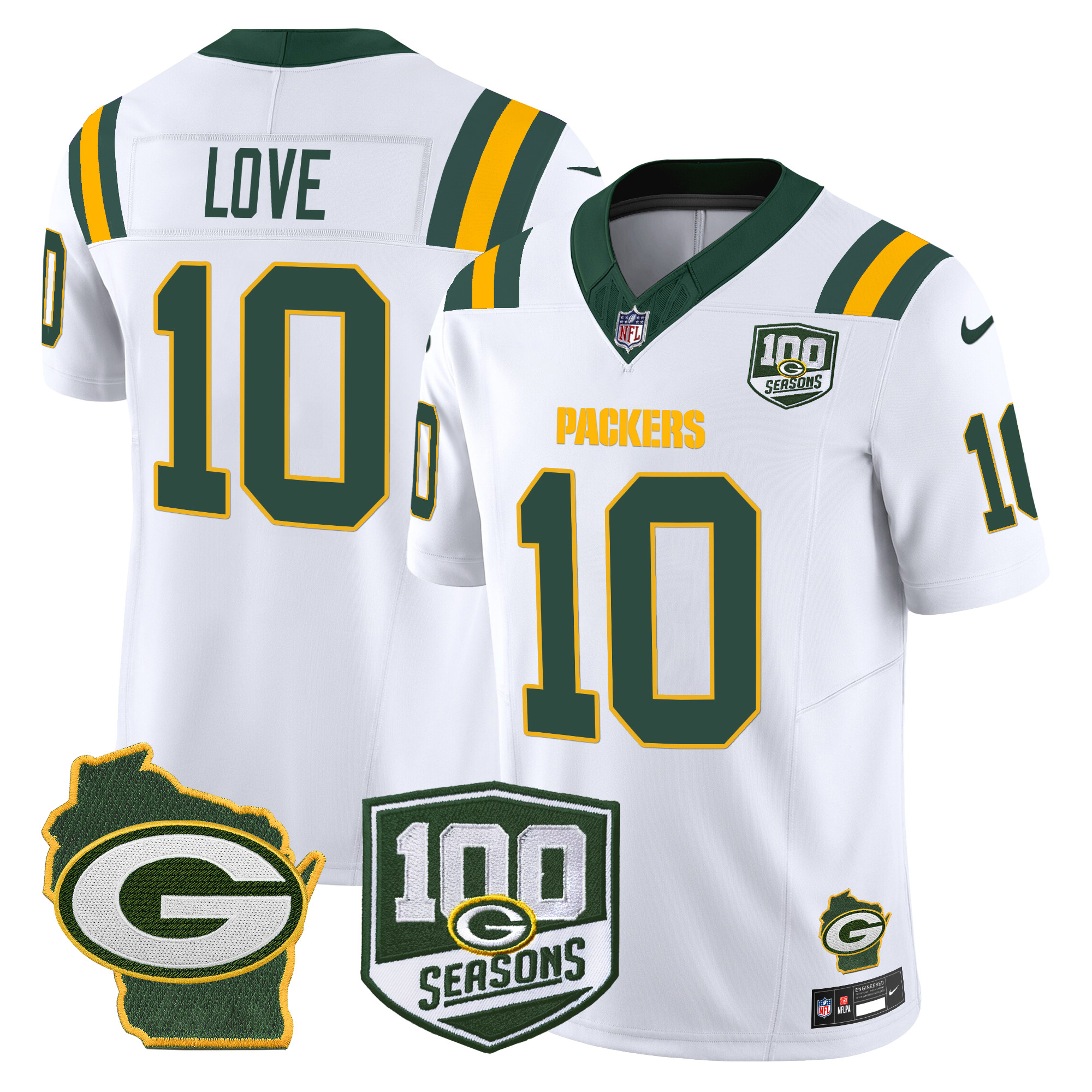 Men's Jordan Love Green Bay Packers 100th Season & Home Patch Vapor Limited White Jersey - All Stitched