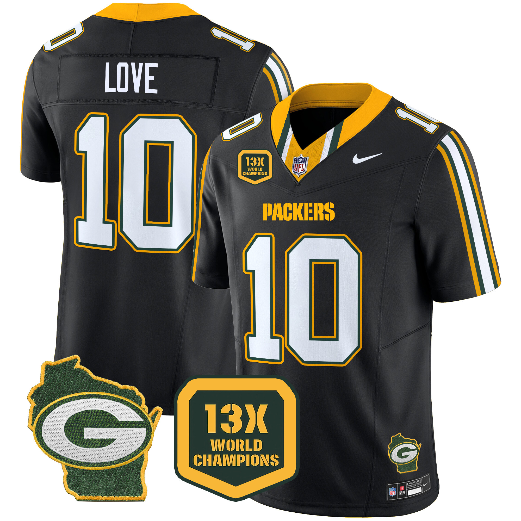 Men's Jordan Love Green Bay Packers 13 Time World Champions & Home Patch Vapor Limited Black Jersey – All Stitched