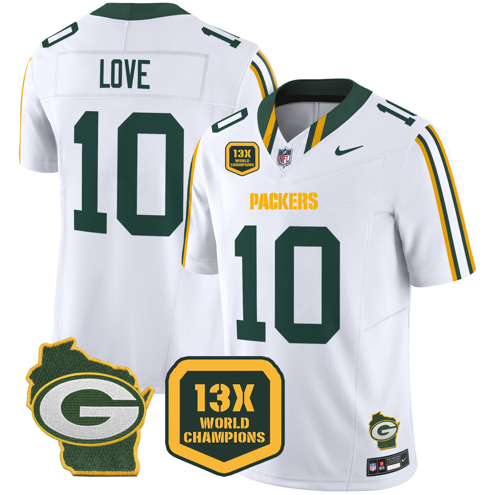 Men's Jordan Love Green Bay Packers 13 Time World Champions & Home Patch Vapor Limited White Jersey – All Stitched