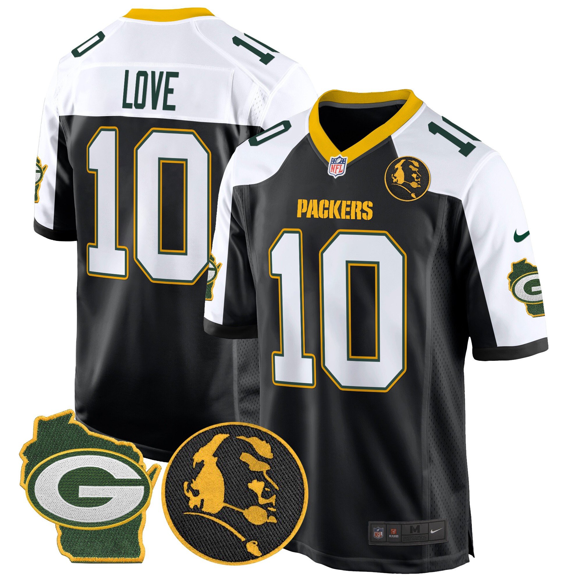 Men's Jordan Love Green Bay Packers John Madden & Home Patch Game Black Alternate Jersey - All Stitched